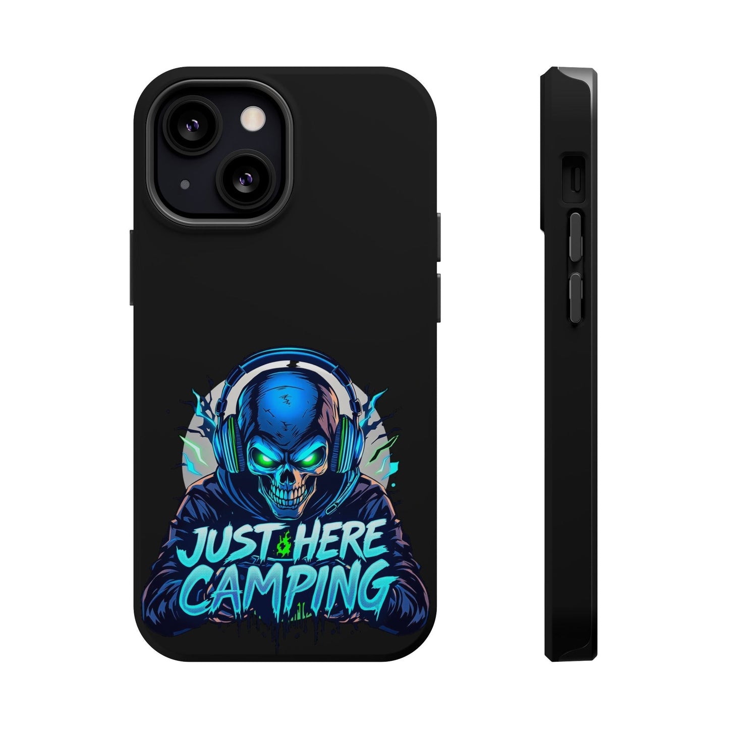 iPhone tough case with Just Here Camping Gamer skull design and vibrant colors, durable protective dual-layer with MagSafe compatibility