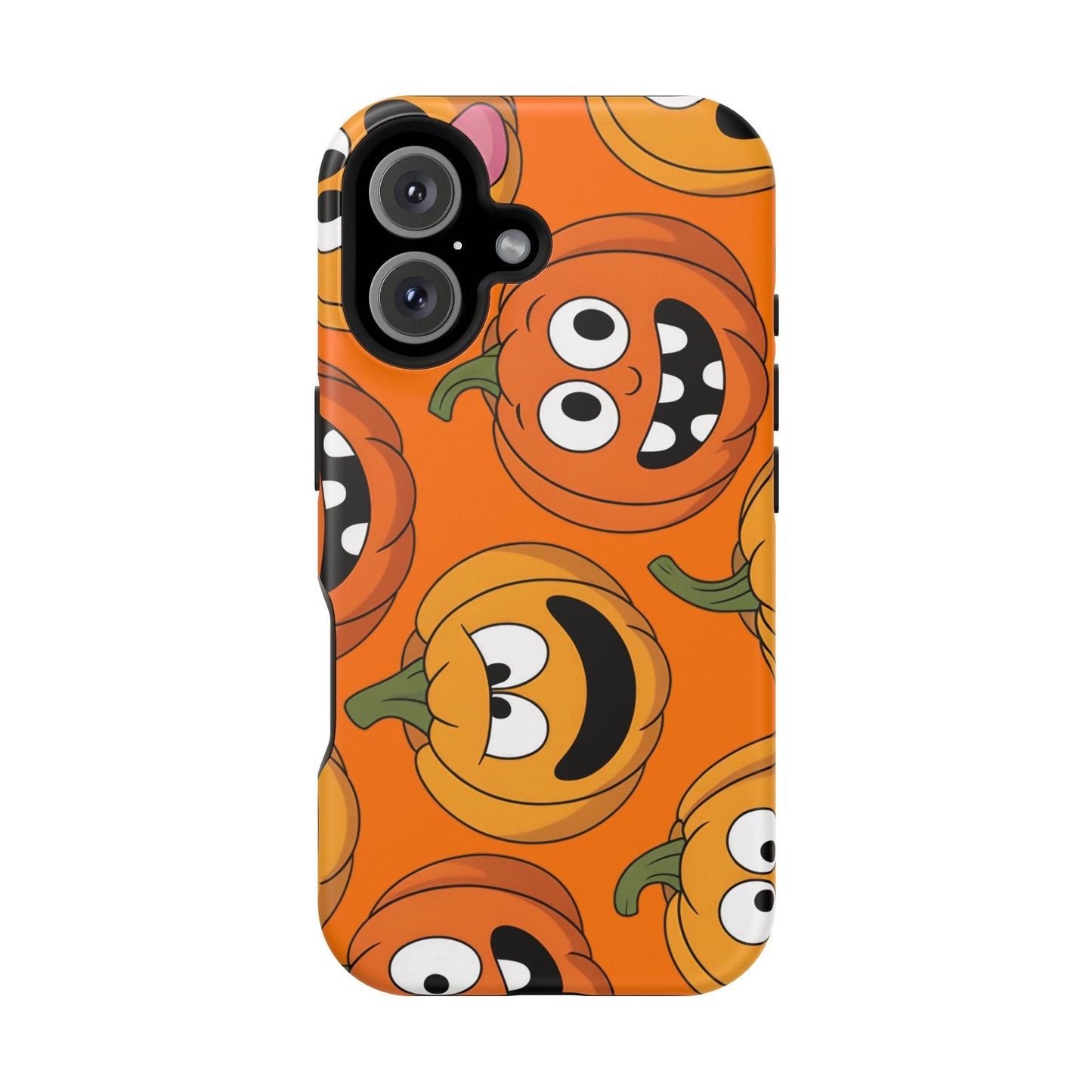 iPhone case with Moody Pumpkins Design featuring vibrant orange spooky pumpkin faces and durable protective polycarbonate construction