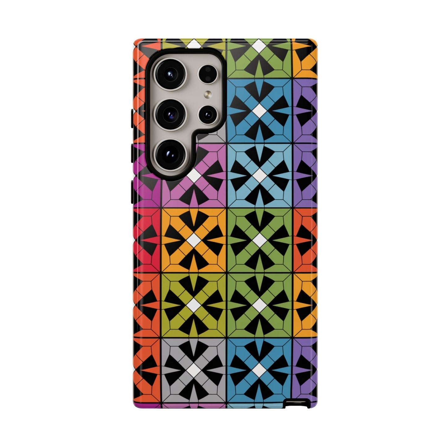 Samsung tough case with rainbow abstract square design, shockproof and durable protective cover for Galaxy series phones