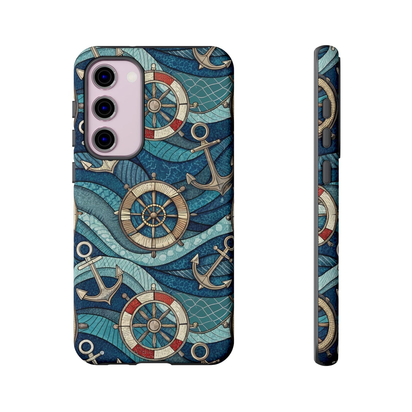 Nautical anchor and life preserver themed Samsung tough phone case with maritime design and shock absorption.
