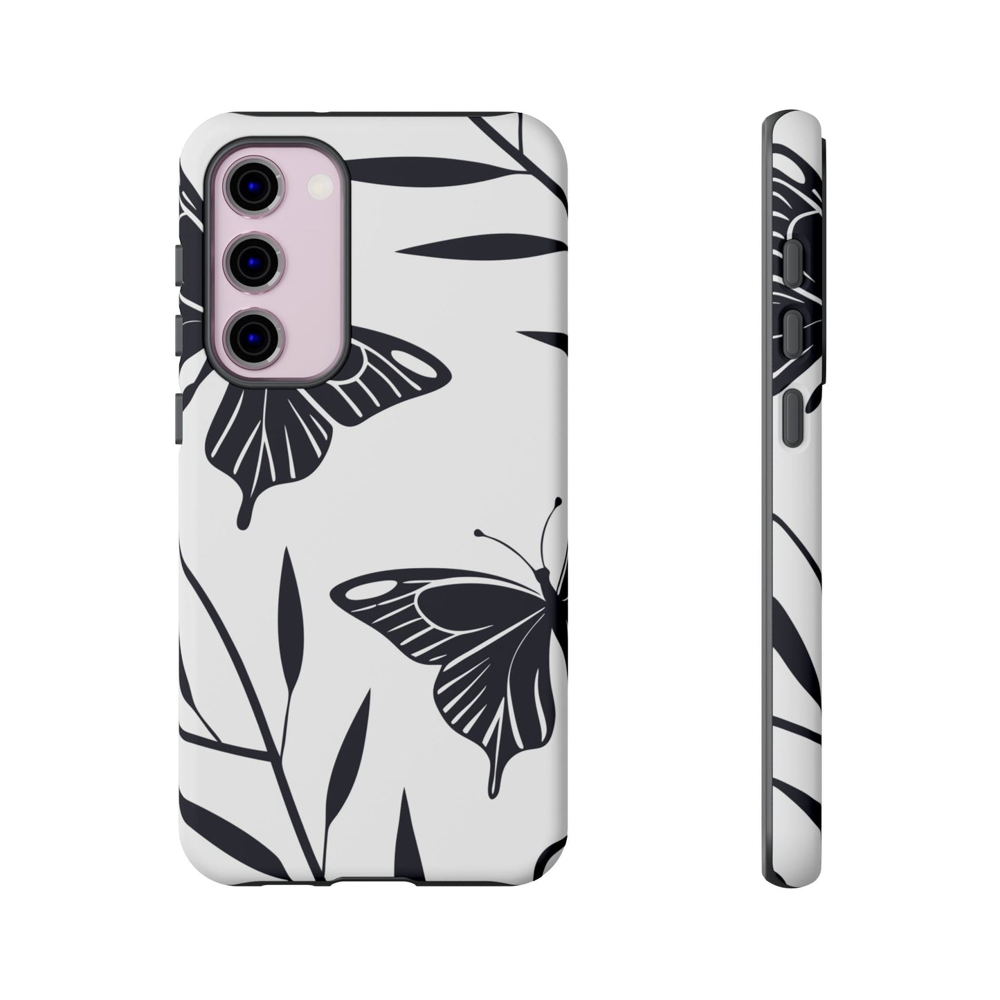 Minimalist black and white butterfly design Samsung phone case with elegant floral accents and slim protective profile