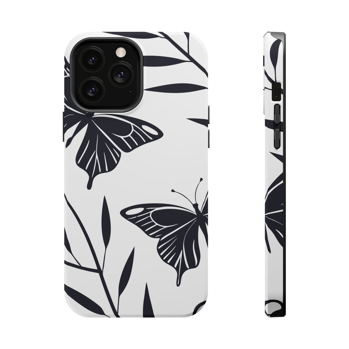 Black and white minimalist butterfly design iPhone case with durable protective polycarbonate and TPU dual-layer construction and MagSafe compatibility