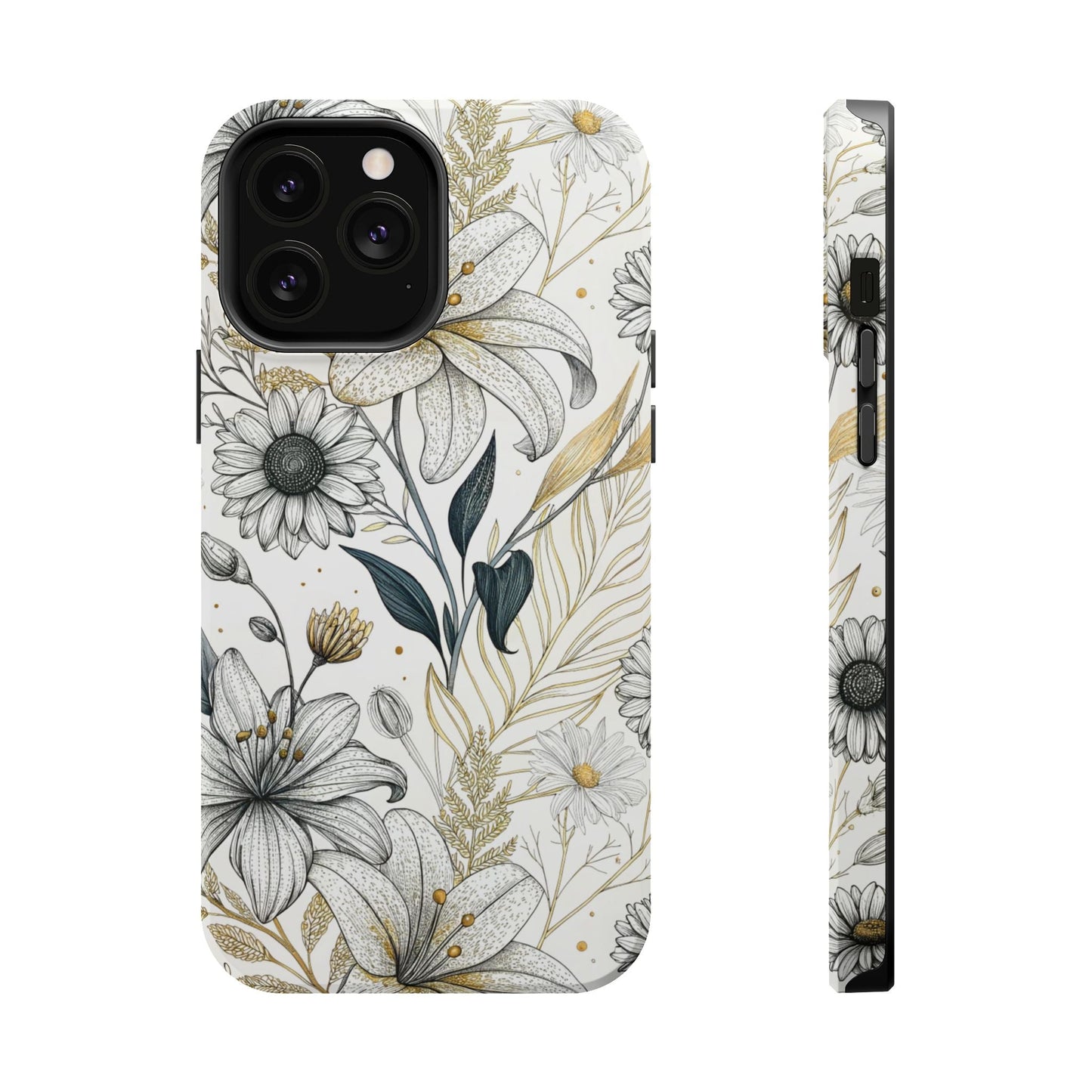 Golden Leaf Flower modern minimalist tough iPhone case with dual-layer protection and MagSafe compatibility
