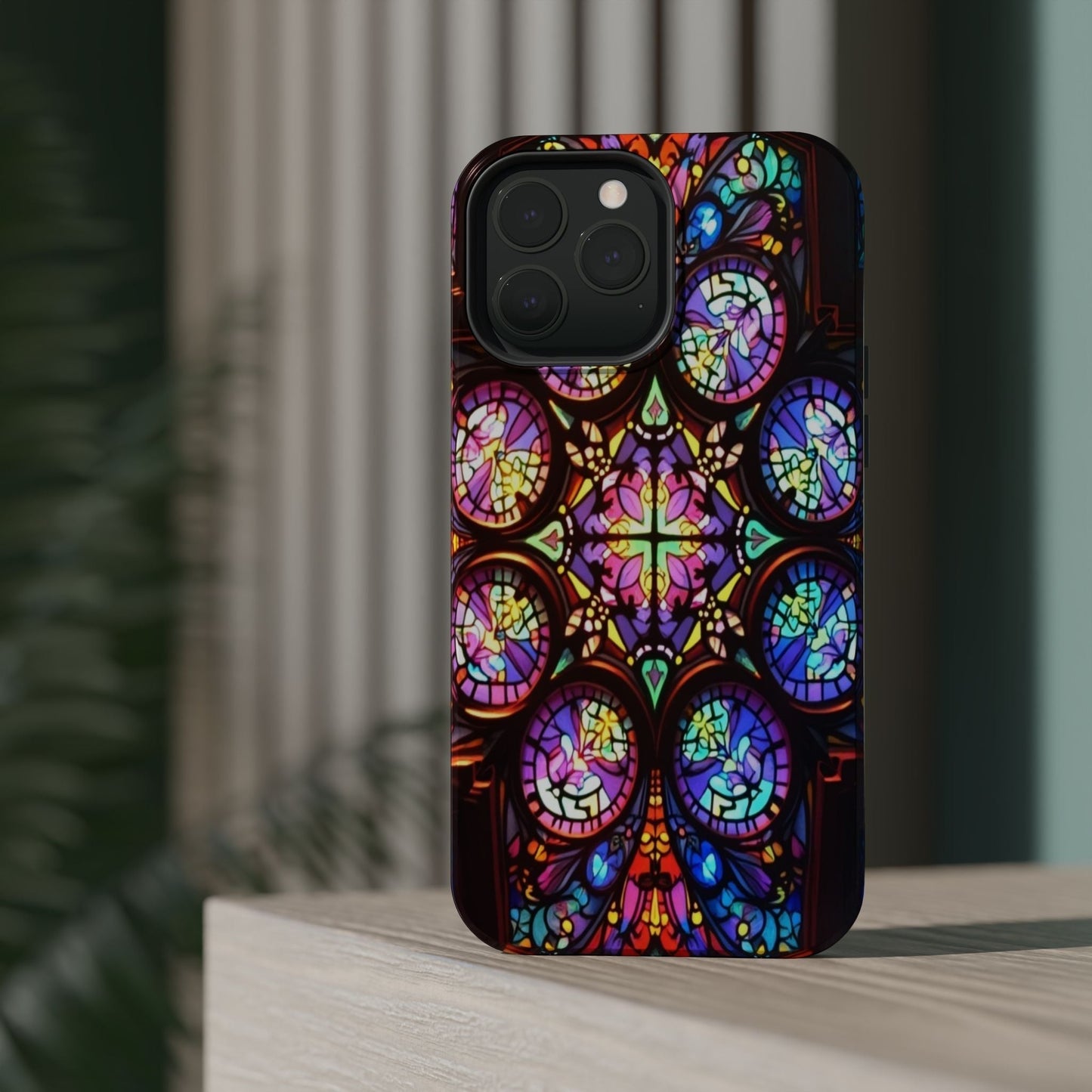 Colorful hypnotic stained glass design iPhone tough case with durable dual-layer protection and MagSafe compatibility