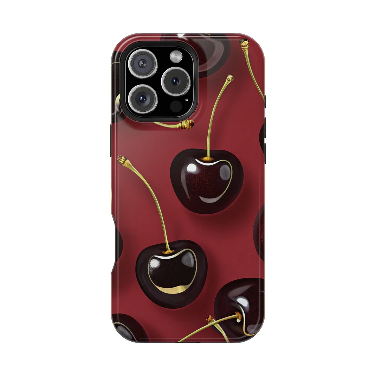 Cherry iPhone tough case with vibrant photo-realistic cherry design, dual-layer protection, and MagSafe compatibility.