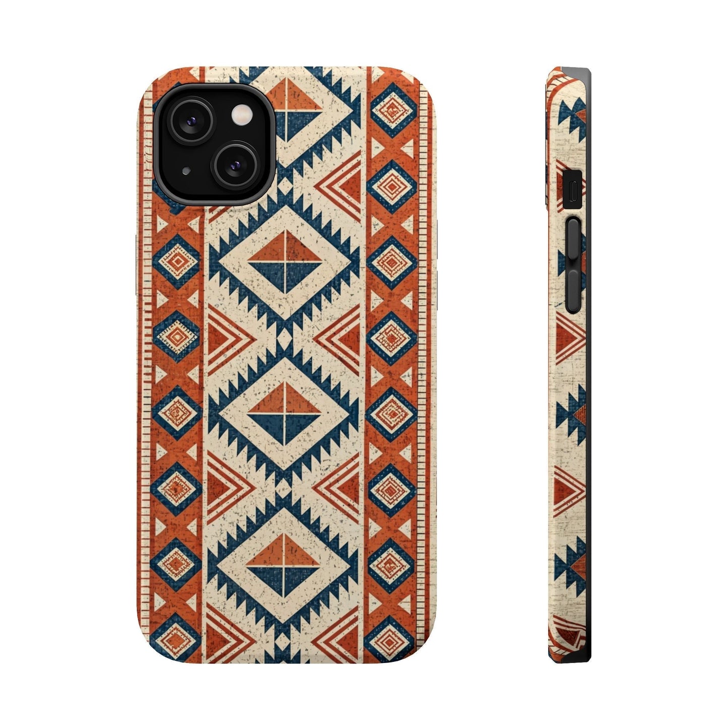 iPhone magnetic tough case with tribal inspired pattern in earthy tones, dual-layer durable polycarbonate and TPU construction, available in matte or glossy finish