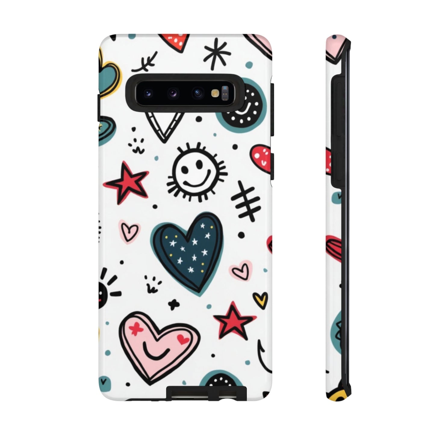 Smiles and Hearts Samsung tough phone case with playful heart and smiley design, durable and shock-absorbent for Samsung Galaxy models.