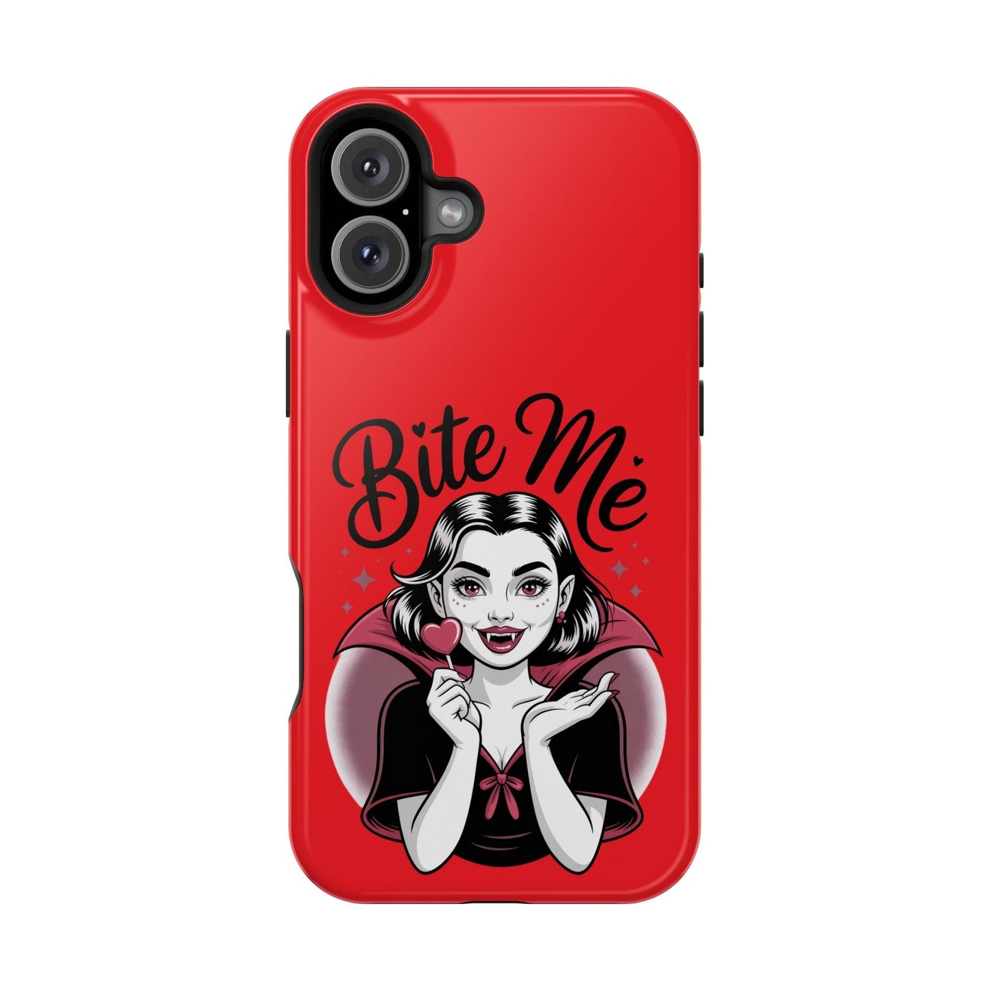 Red Halloween Vampire iPhone case with "Bite Me" text and vampire girl holding a heart-shaped lollipop.