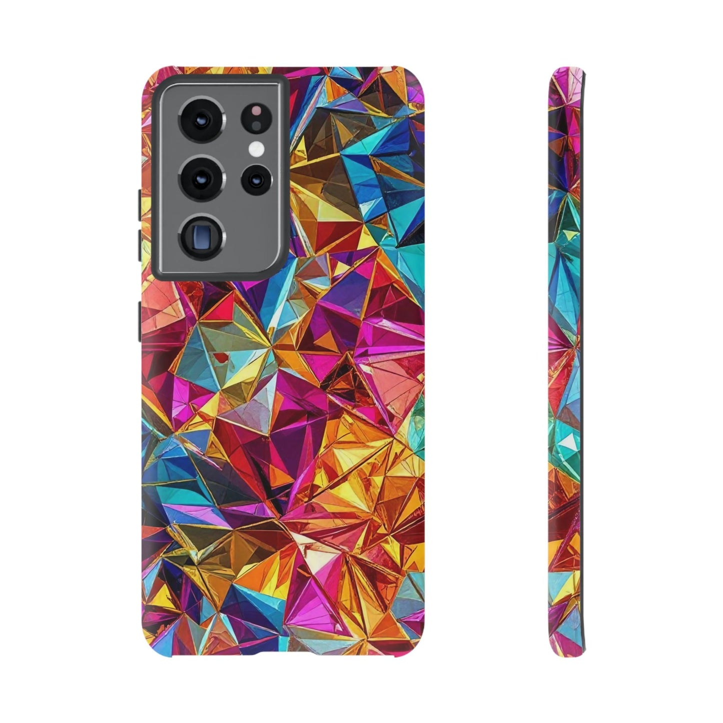 Vibrant rainbow foil Samsung phone case with geometric 3D design and durable impact-resistant protection.