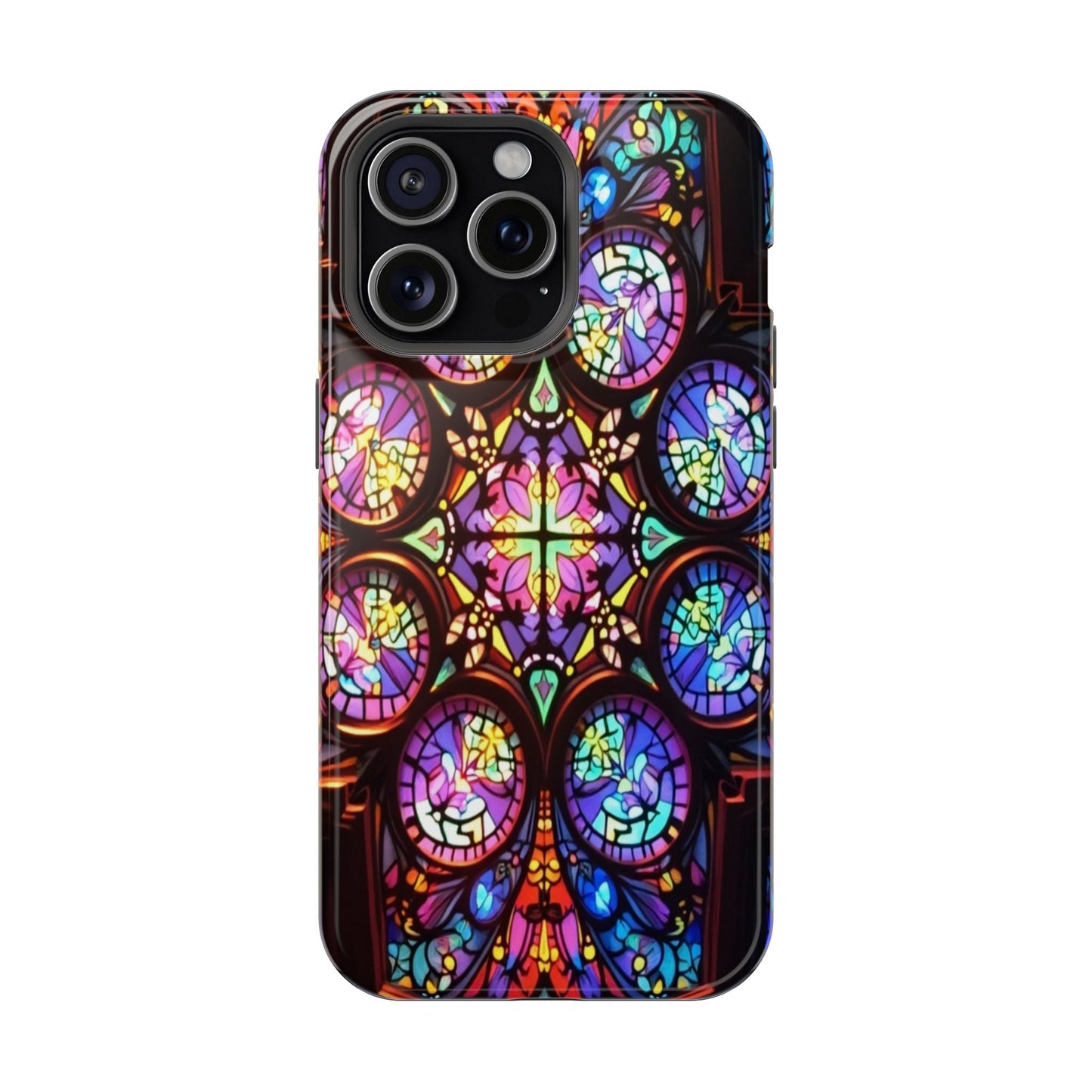 Colorful hypnotic stained glass design tough iPhone case with MagSafe magnet and durable dual-layer protection
