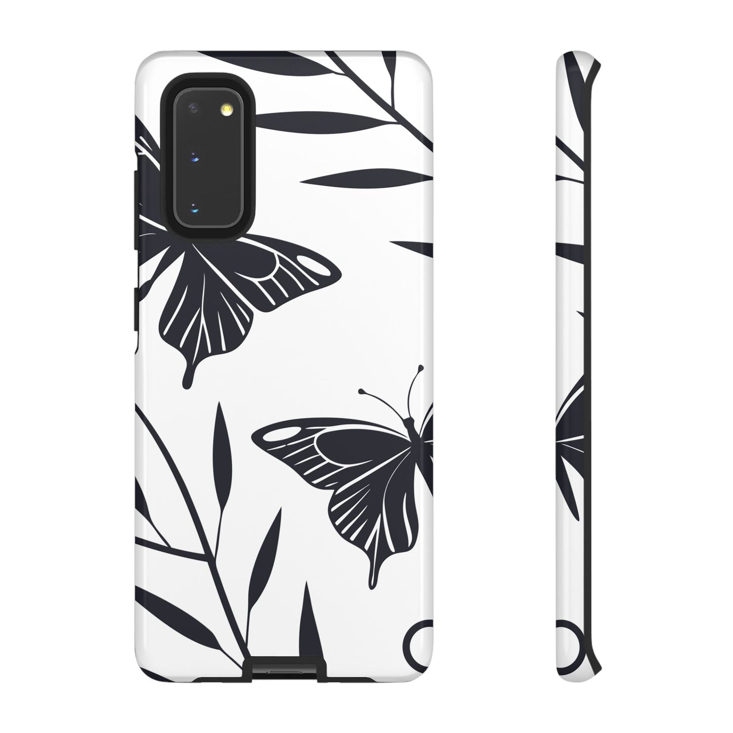 Minimalist black and white butterfly design Samsung tough phone case with elegant 3D print and durable protection.