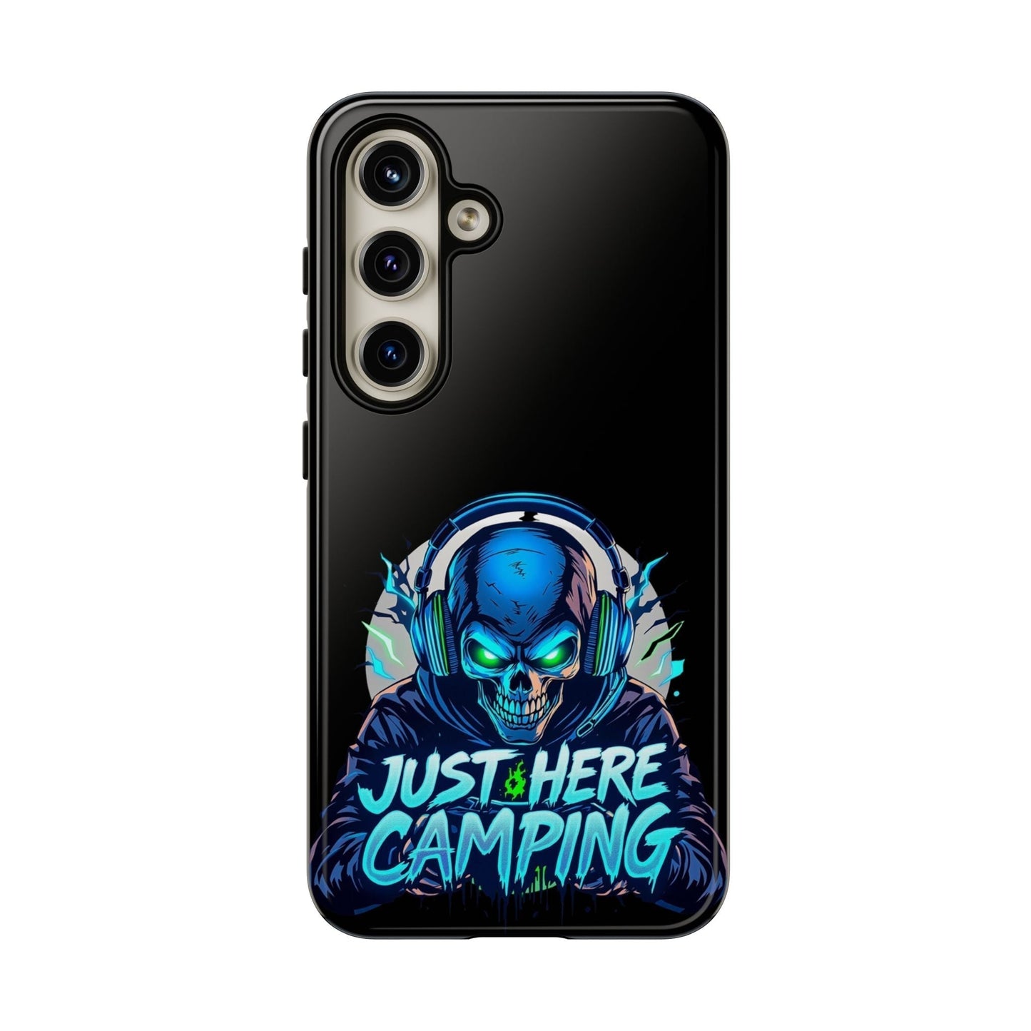 Samsung Tough Case for gamers with "Just Here Camping" skull design, durable protective cover for Samsung Galaxy models