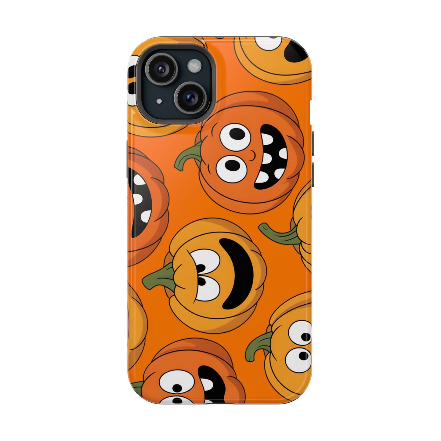 iPhone case with Moody Pumpkins Design featuring vibrant, playful pumpkin faces on orange background, durable protective polycarbonate material with MagSafe compatibility