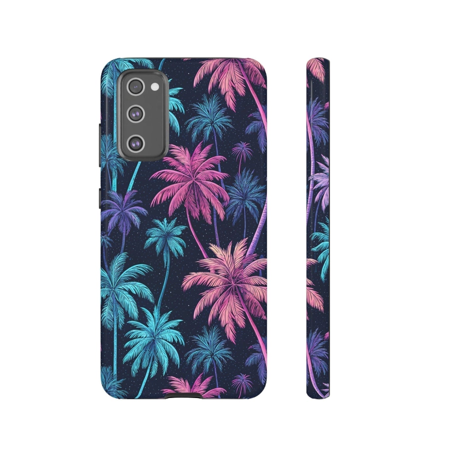 Neon Palm Tree Phone Case for Samsung Galaxy with vibrant neon pink and blue palm tree design on black background.