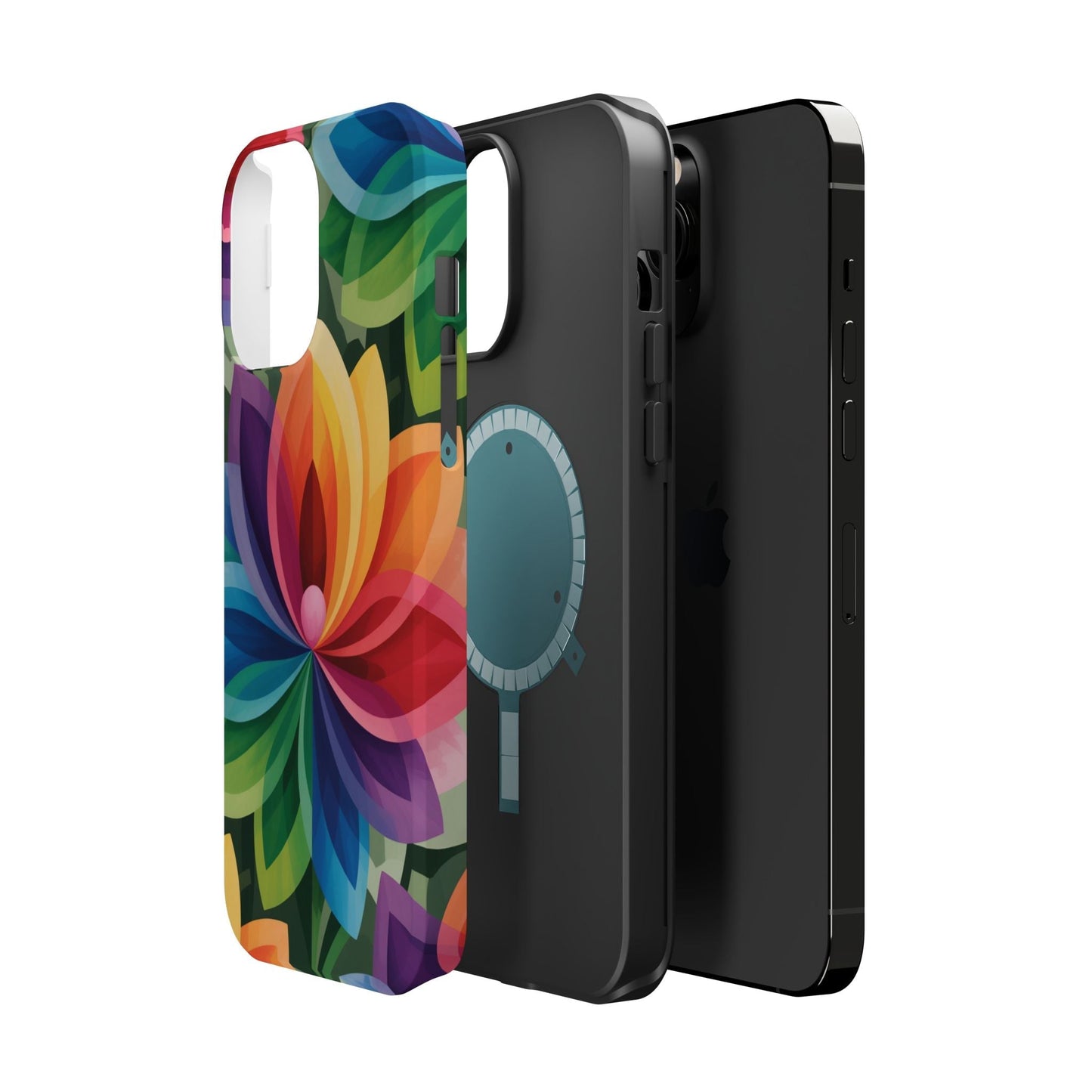 Rainbow Flower iPhone Case with vibrant multicolor floral design, dual-layer protection, and MagSafe compatibility