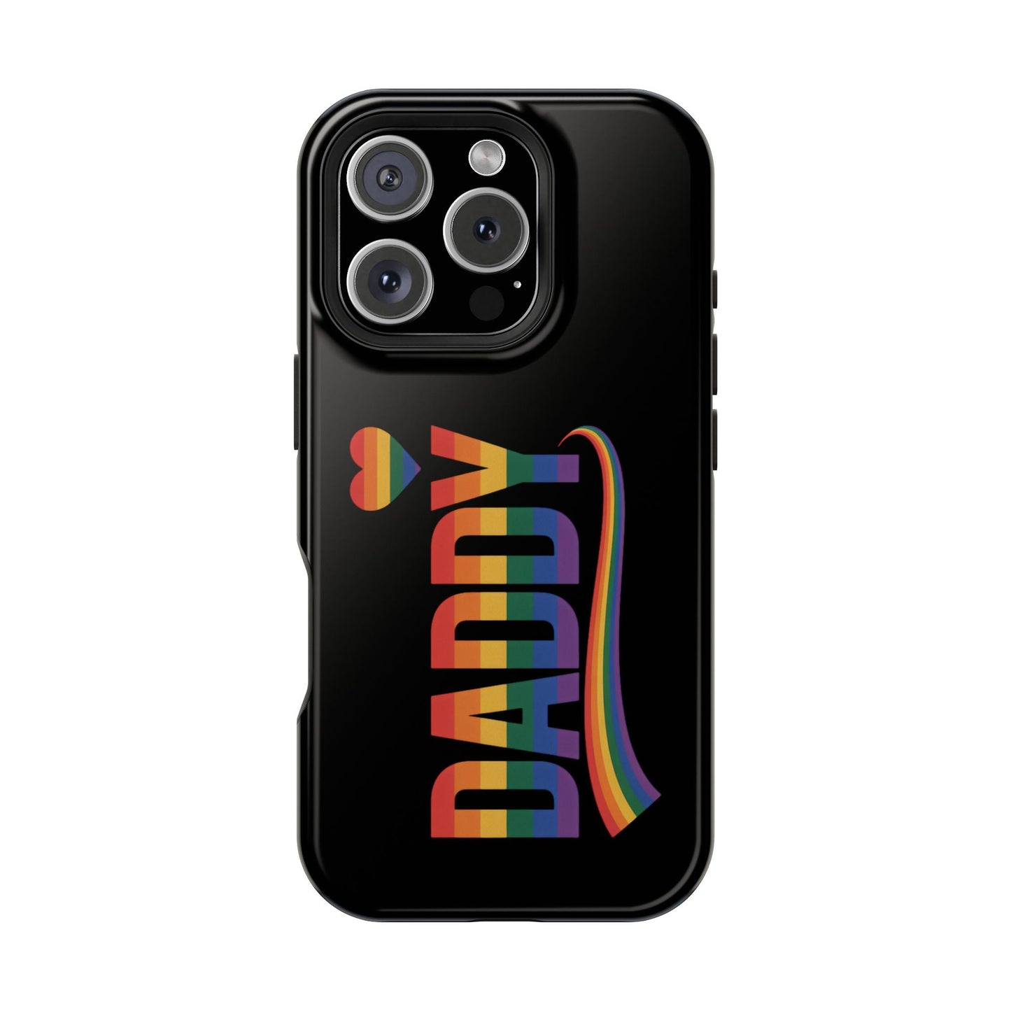 Black iPhone tough case with colorful Fun Daddy LGBT Daddy rainbow design and heart symbol, compatible with MagSafe accessories.