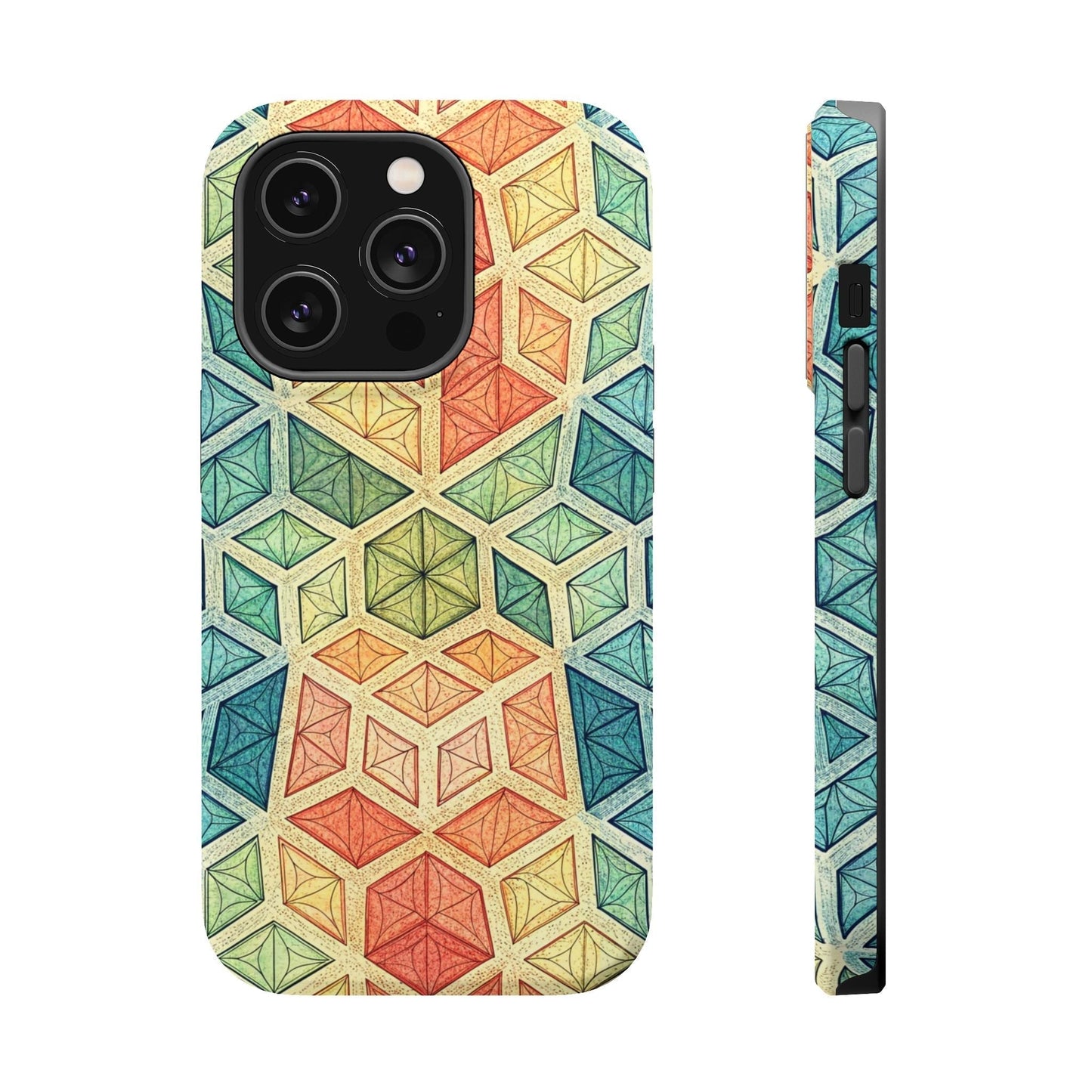 Colorful fractal patterned iPhone magnetic tough case with durable polycarbonate and TPU layers and MagSafe compatibility