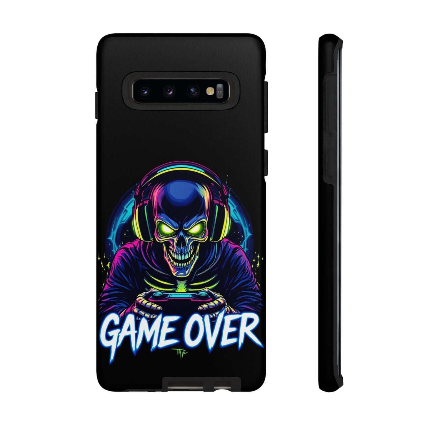 Game Over Design Samsung tough case with neon skull gamer graphic and impact-resistant protection for Galaxy phones