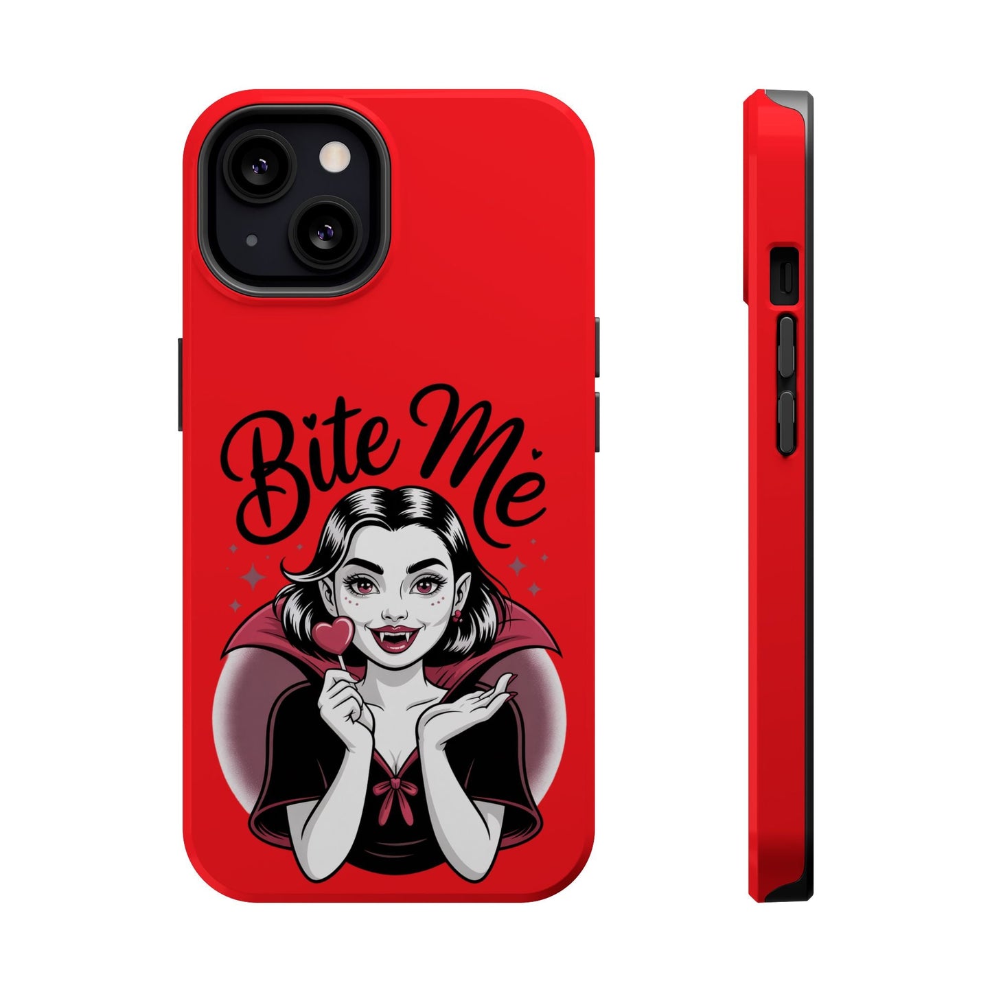Red Halloween Vampire iPhone case with "Bite Me" text and vampire girl holding a heart-shaped lollipop design.