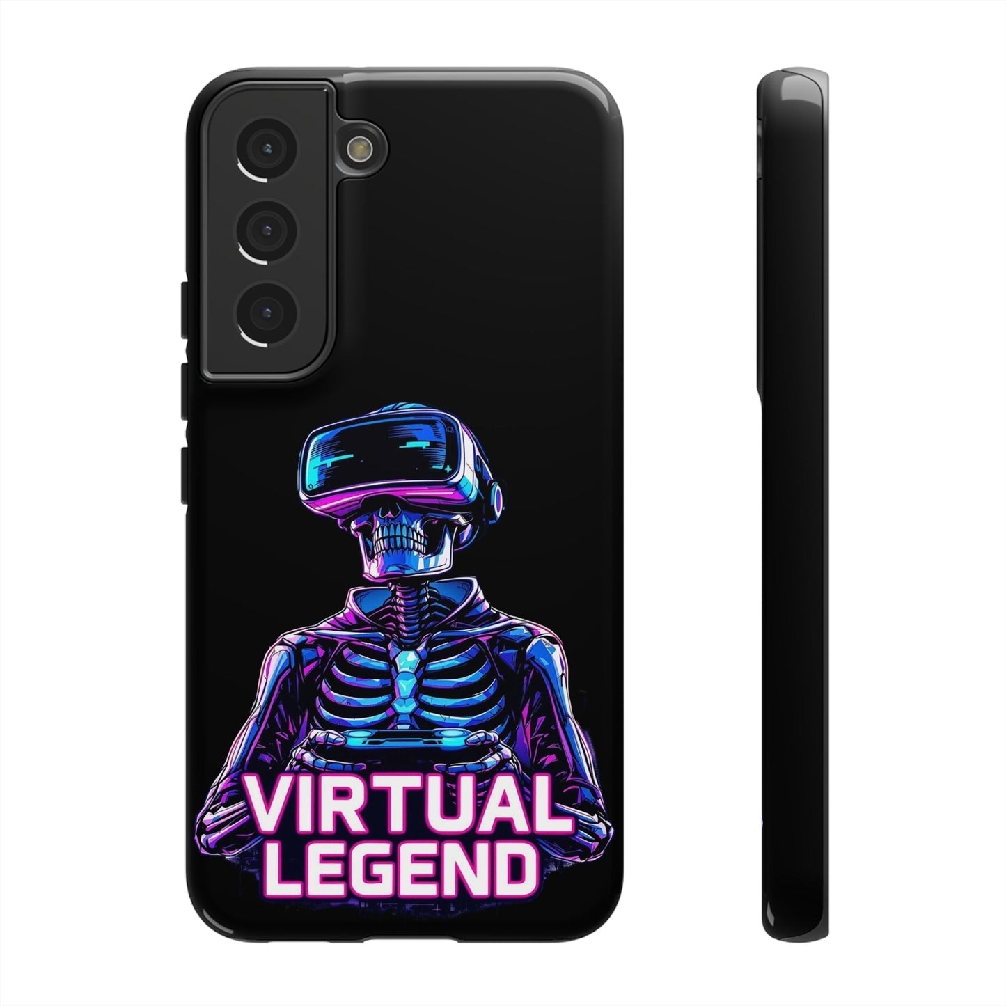 Black shockproof phone case with neon skeleton wearing VR headset and "Virtual Legend" text design