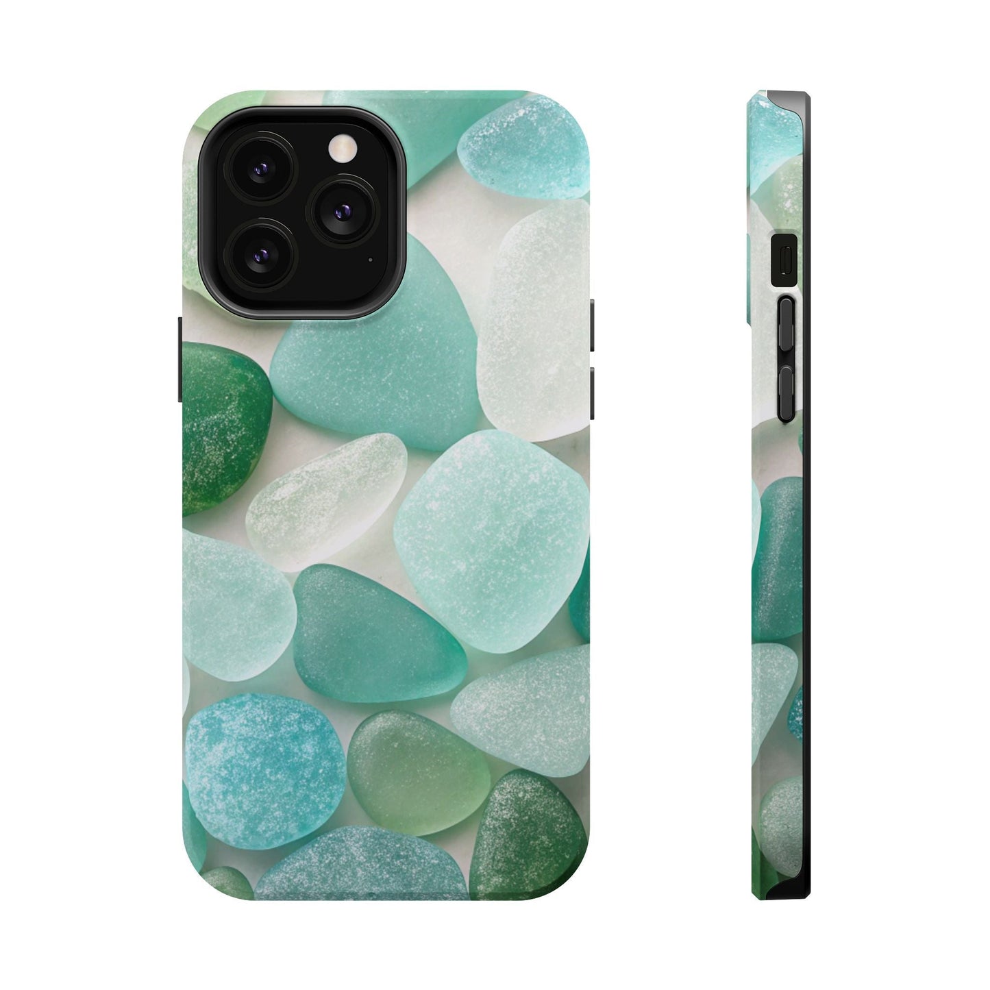 iPhone case with sea glass inspired design in calming blue and green tones, durable dual-layer protection with MagSafe compatibility