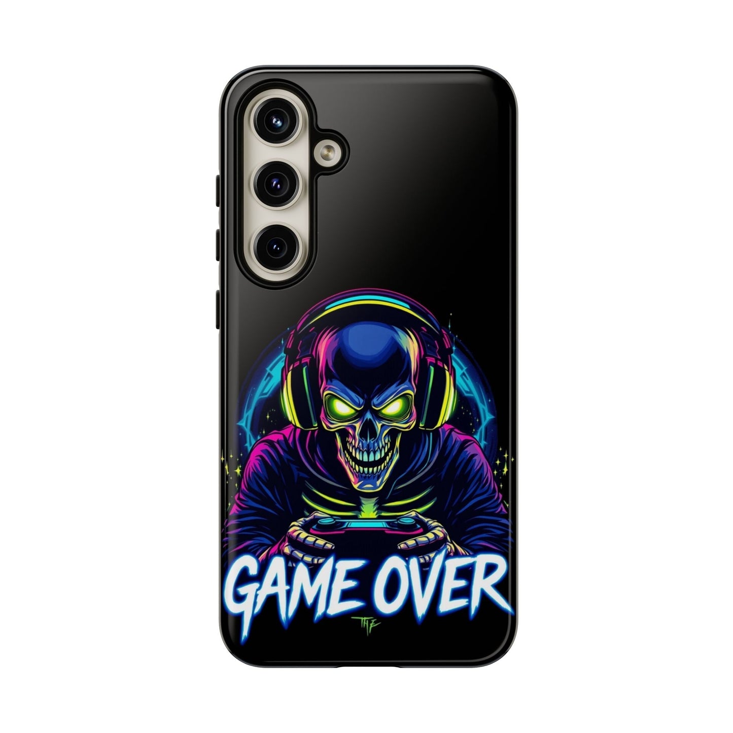 Samsung phone case with Game Over Design featuring a neon skull gamer graphic, durable impact-resistant protection