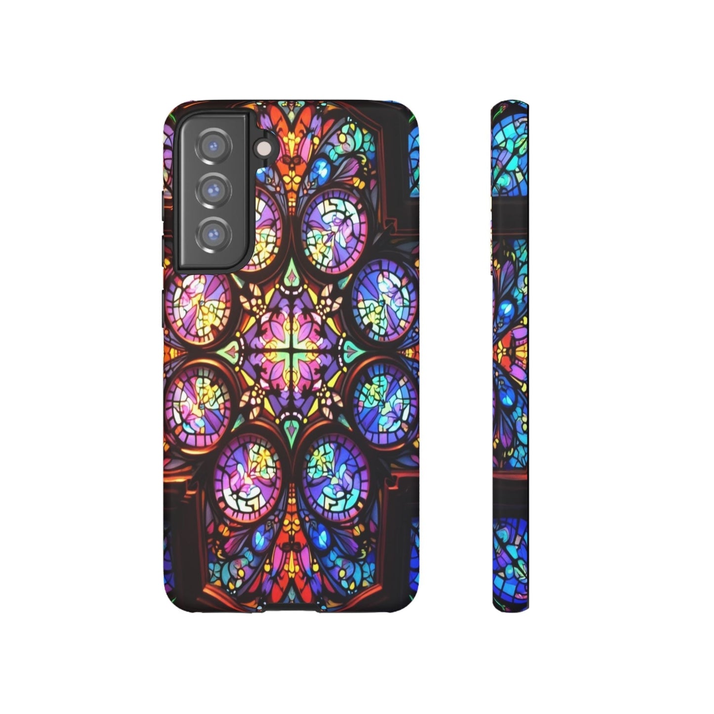 Samsung Galaxy phone case with colorful hypnotic stained glass design, durable and artistic protection