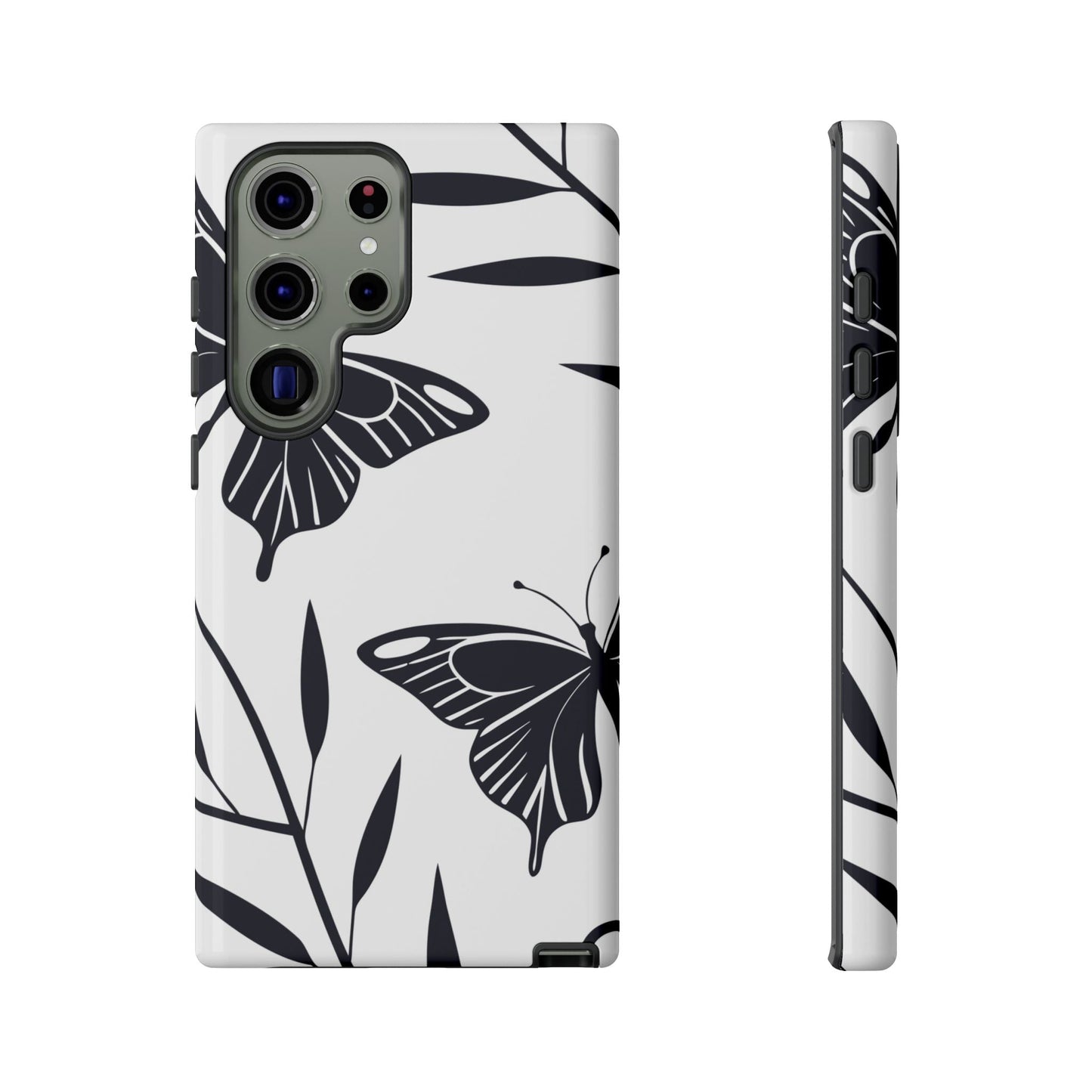 Minimalist black and white butterfly design Samsung phone case with sleek, protective cover