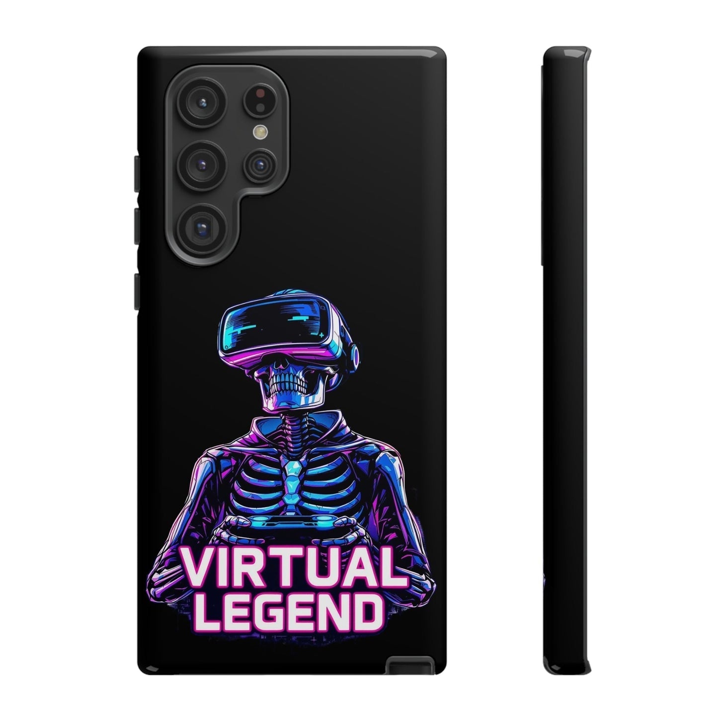 Samsung phone case featuring a durable Virtual Legend Gamer Tough Case design with a 3D skeleton wearing a VR headset and "Virtual Legend" text
