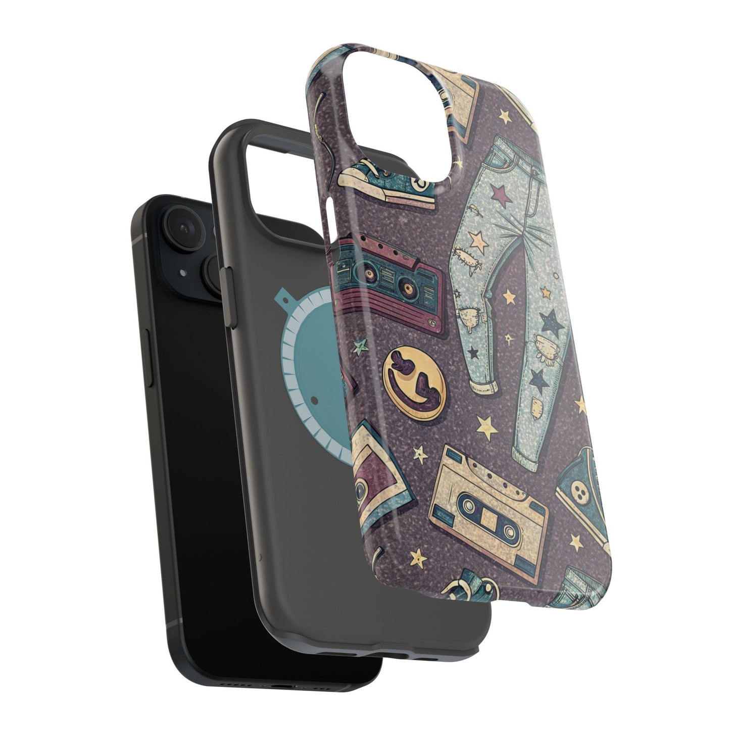90s grunge cassette tape collage iPhone tough case with retro cassette tapes, ripped jeans, and band logos design