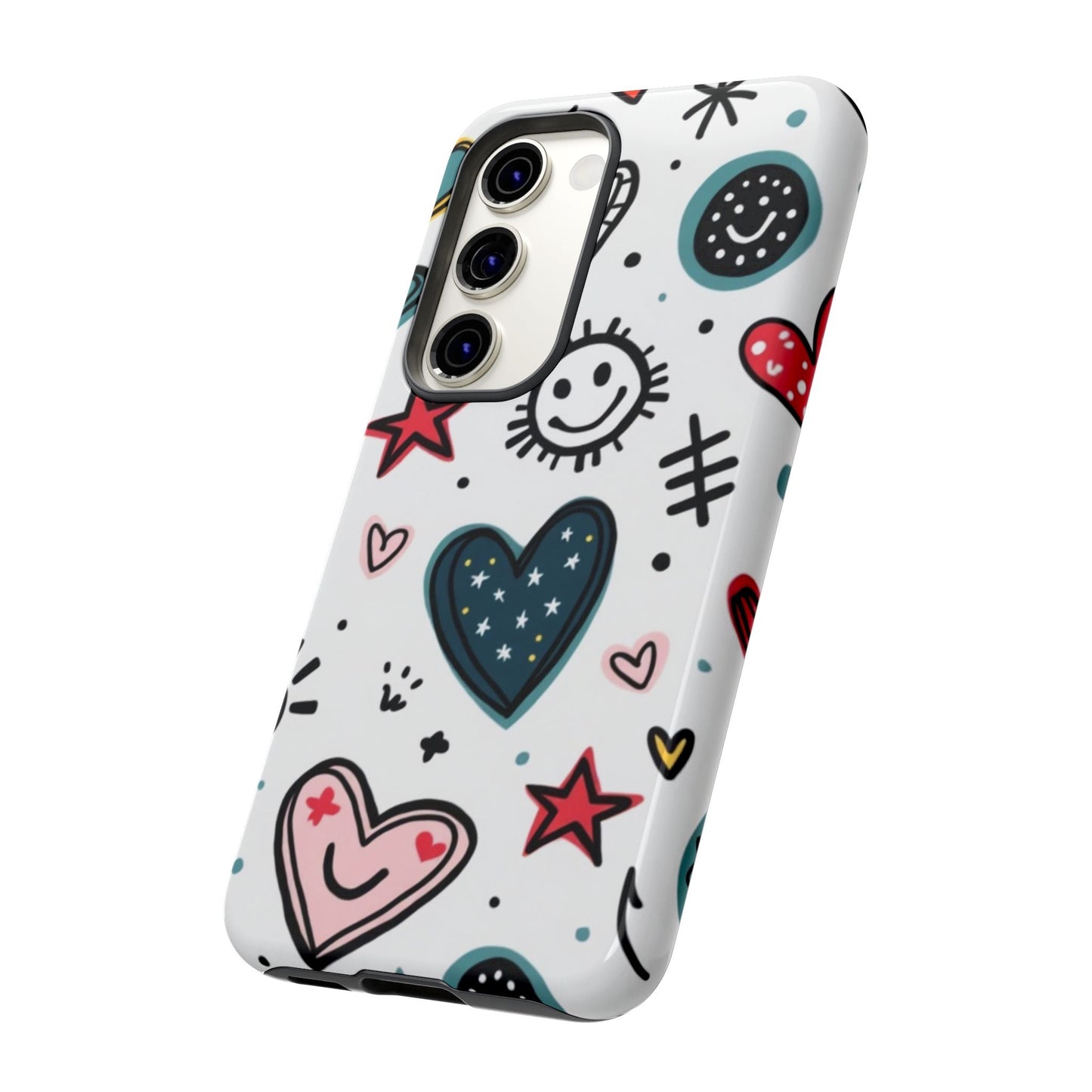 Smiles and Hearts Samsung phone case with playful hearts and stars design, durable and shock-absorbent protection for Samsung Galaxy phones.
