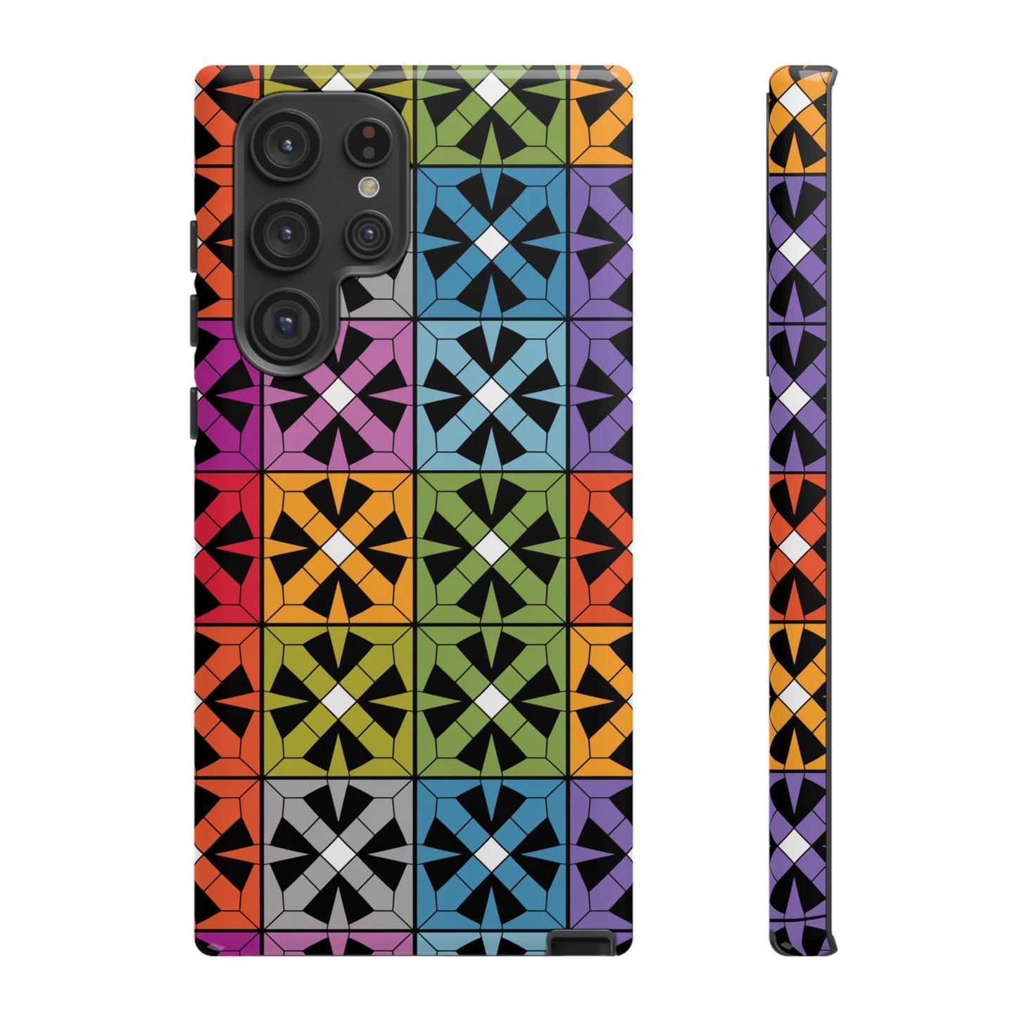 Samsung phone case with rainbow abstract square pattern, durable dual-layer shockproof design with vibrant 3D print and UV protection