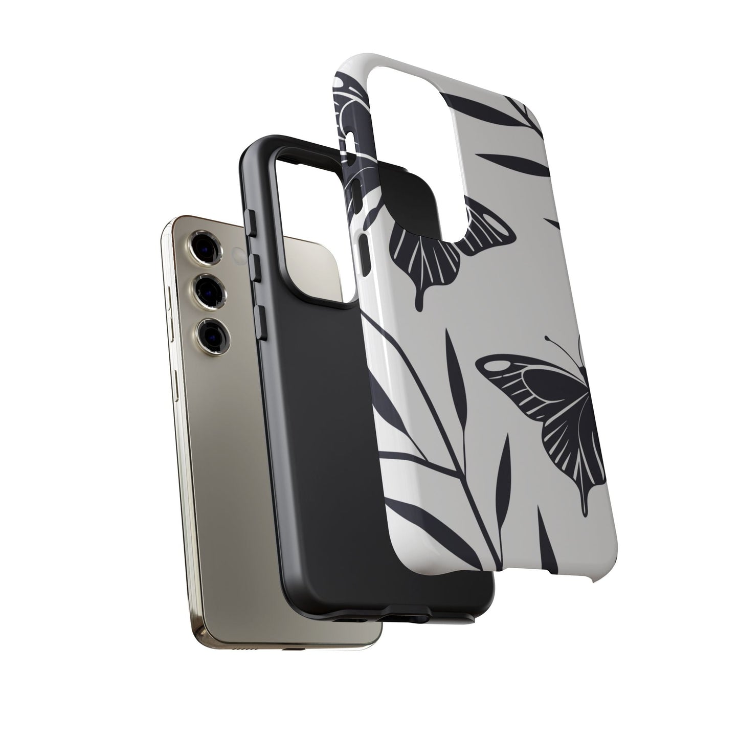 Minimalist black and white butterfly Samsung phone case with elegant 3D print and durable protection