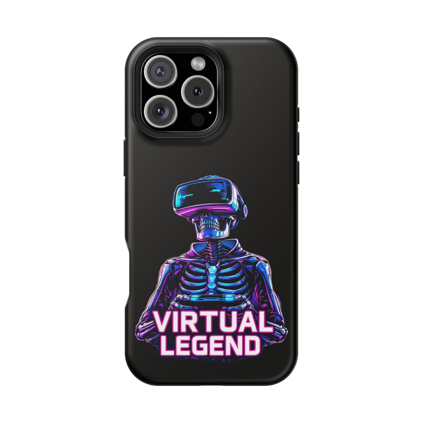 Black iPhone tough case with Virtual Legend Gamer neon skeleton wearing VR headset design and text.
