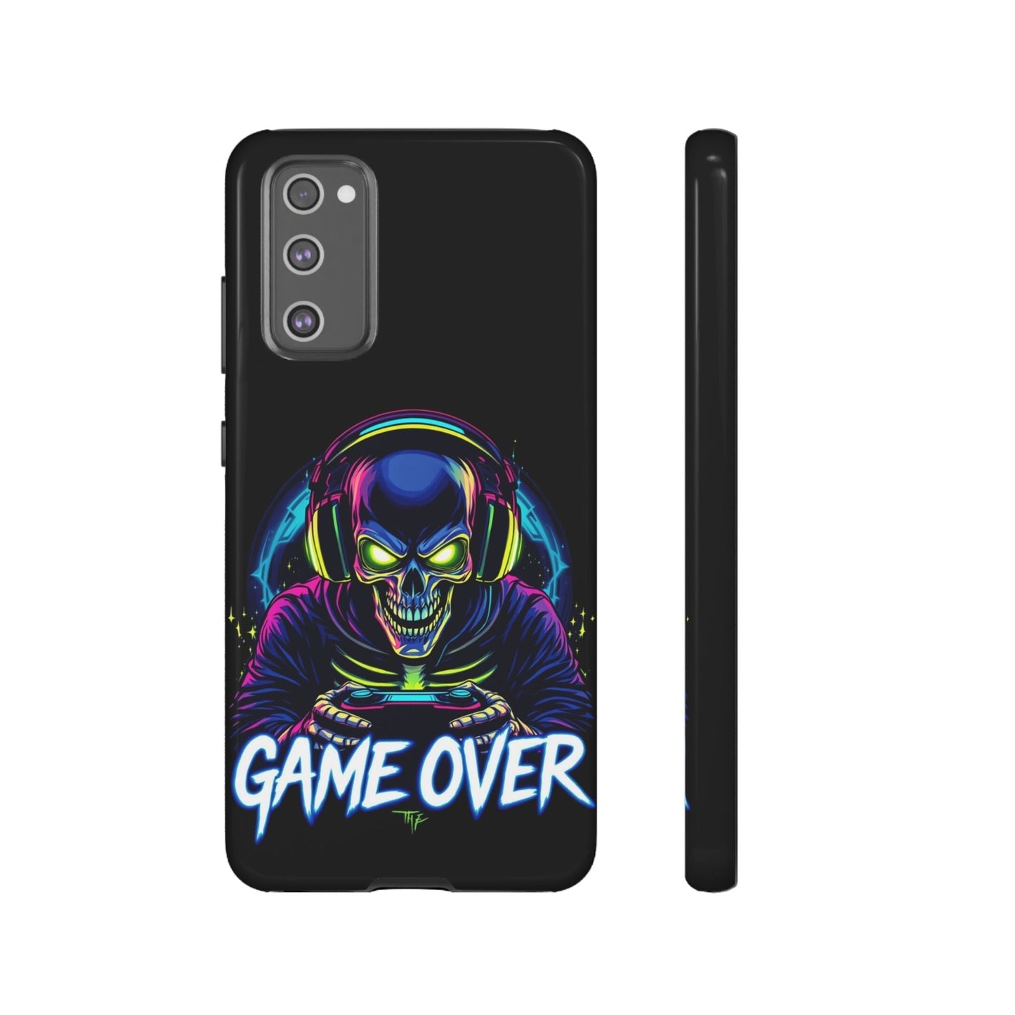 Samsung tough case with neon skull gamer design and "Game Over" text, durable impact-resistant protective cover for Galaxy phones