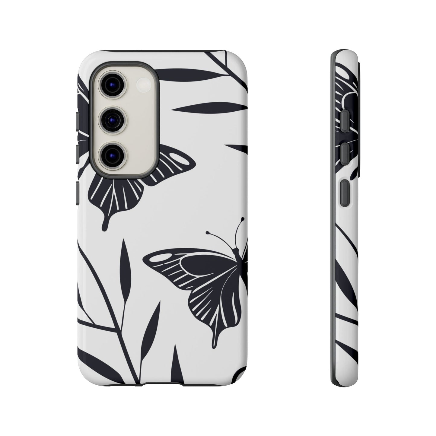 Minimalist black and white butterfly Samsung phone case with elegant 3D print and robust protection