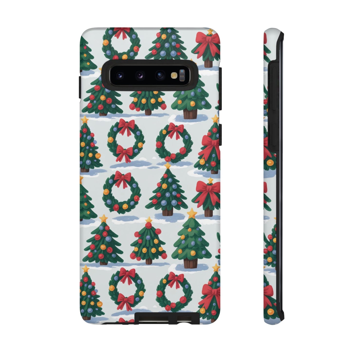 Samsung phone case with festive Holiday Wreath Tree pattern featuring Christmas trees and wreaths decorated with bows and ornaments.