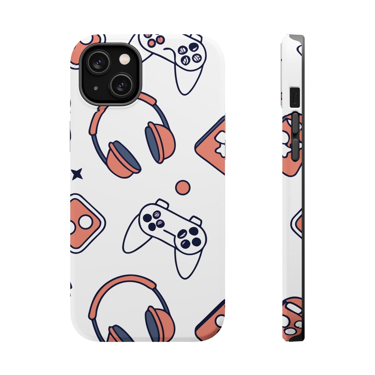 Gamer iPhone tough case with colorful gaming controller and headset design, durable polycarbonate and TPU protection, MagSafe compatible.