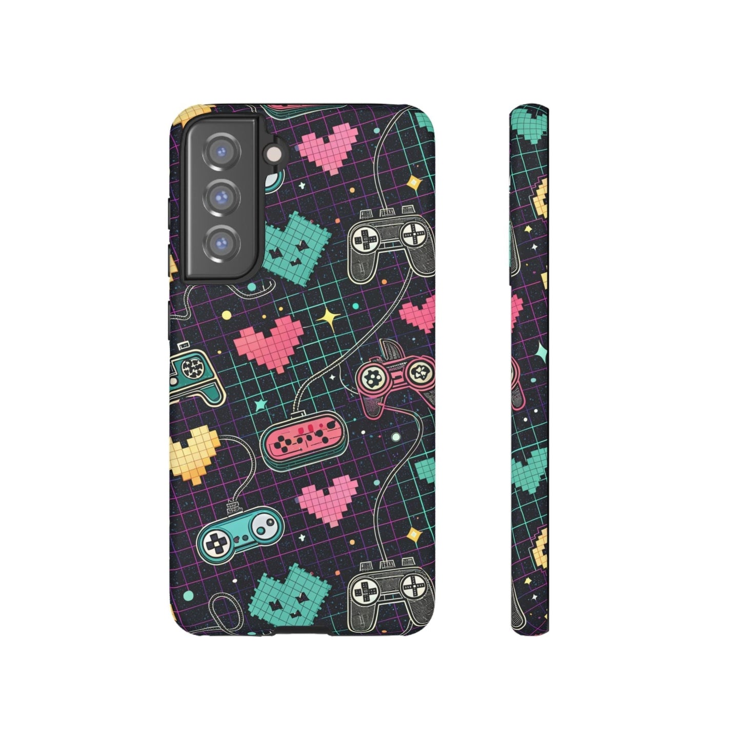 Retro gamer tough case for Samsung Galaxy with vintage gaming controllers and pixel hearts design, durable protective phone cover