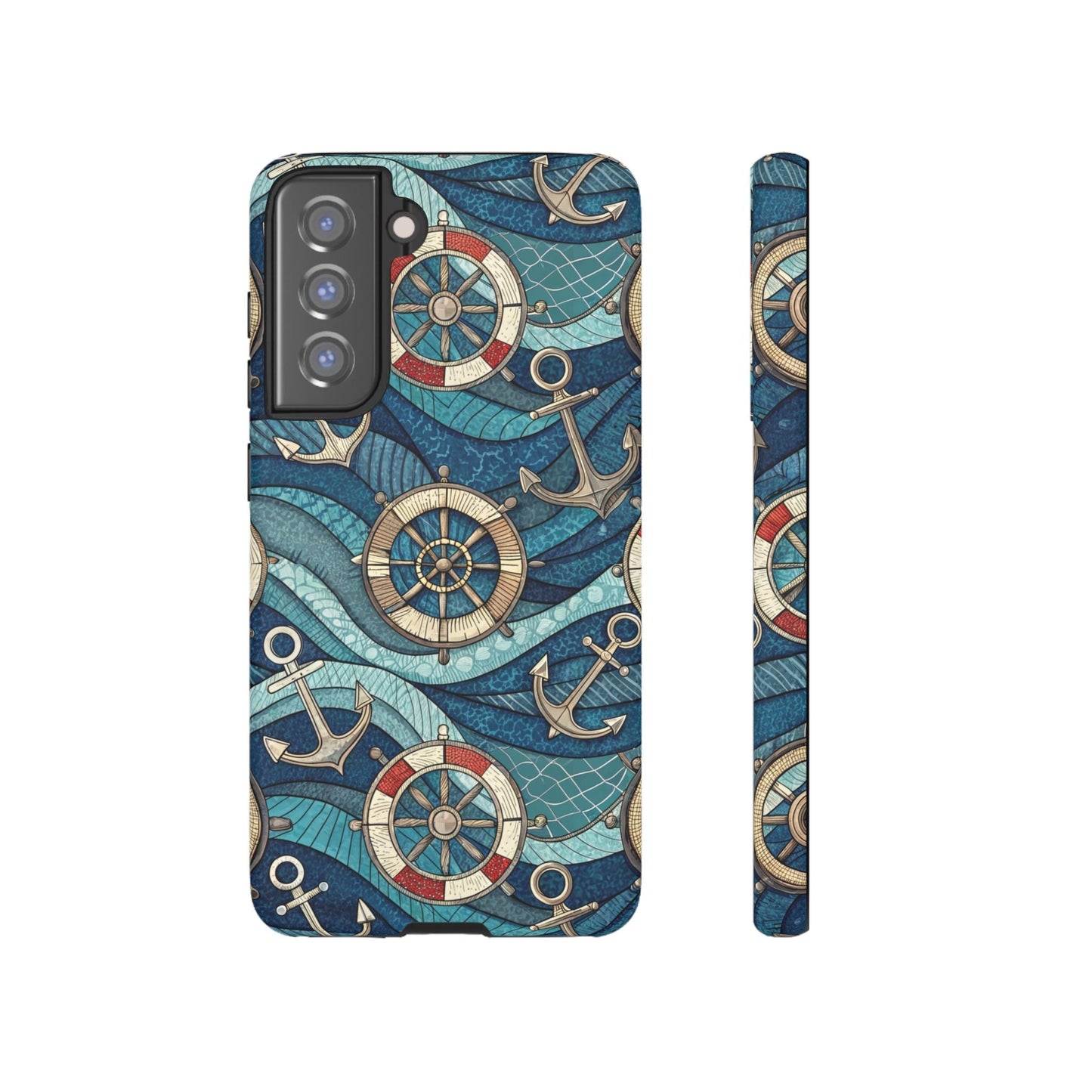 Samsung tough case with nautical anchor, life preserver, and ship wheel design in blue tones
