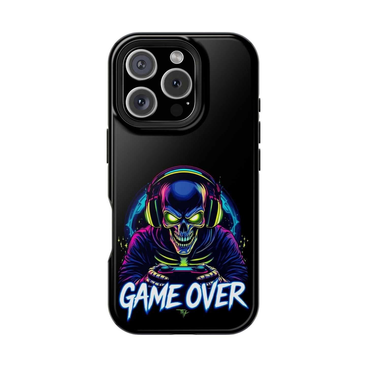 Black iPhone tough case with vibrant game over gamer skull design and MagSafe compatibility