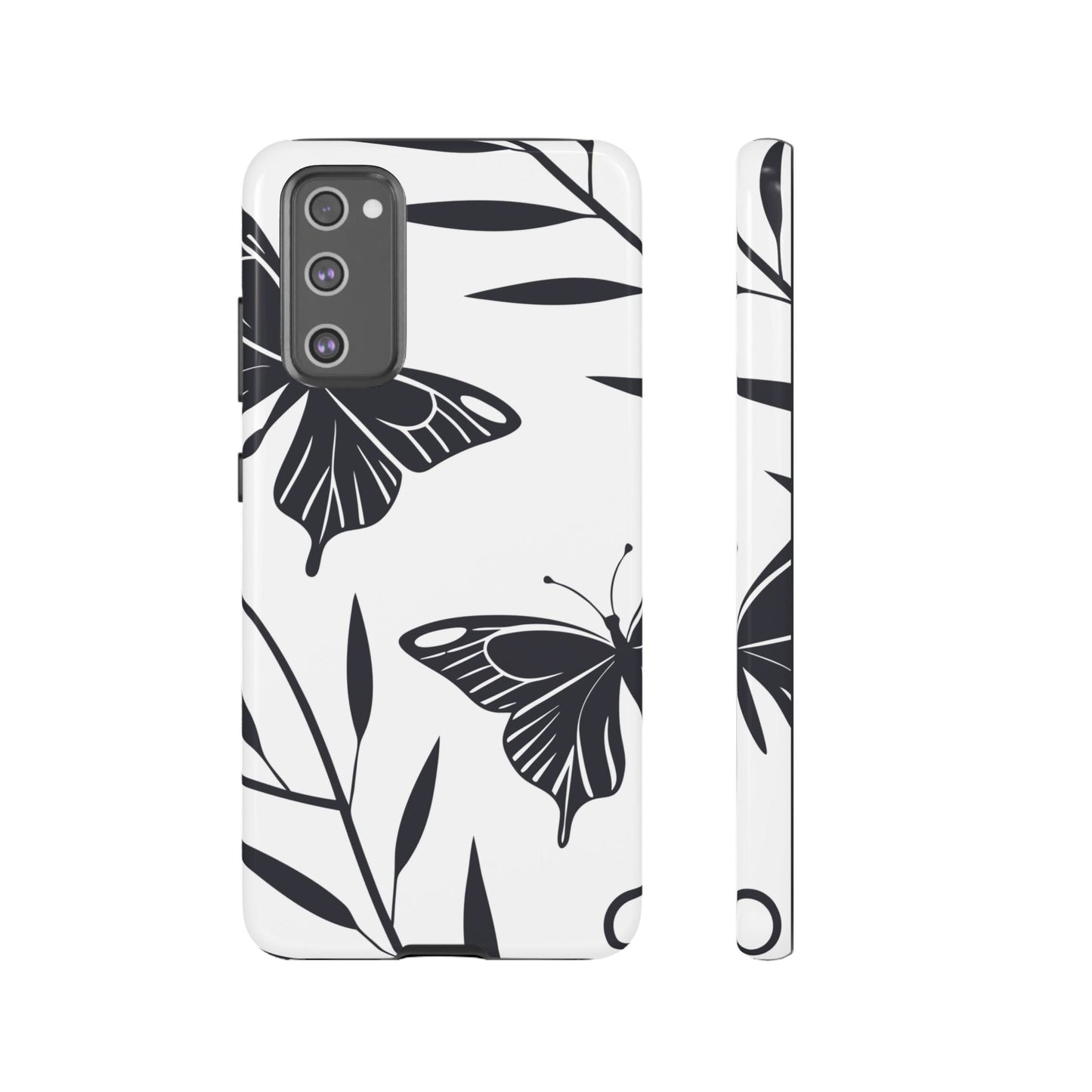 Minimalist black and white butterfly design Samsung tough phone case with elegant botanical accents
