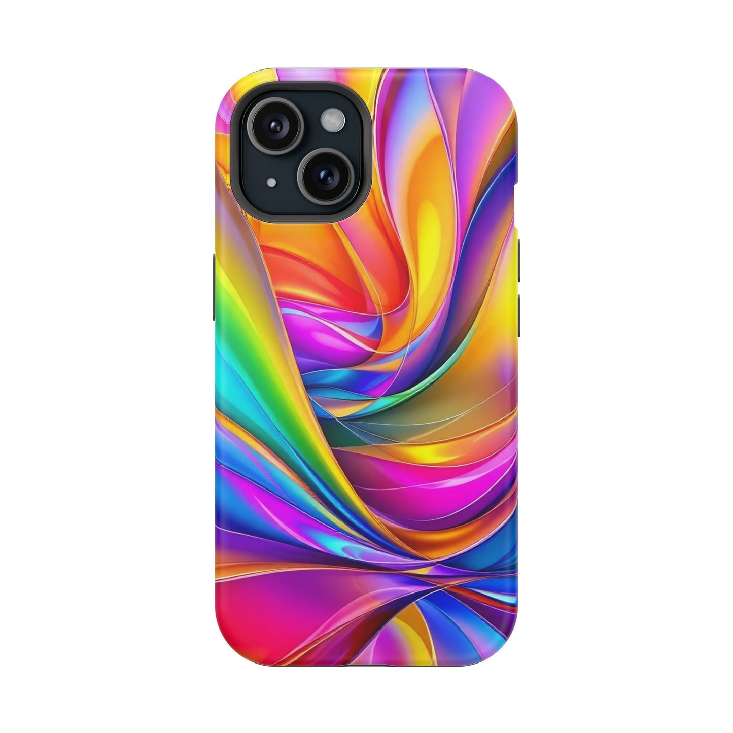 iPhone tough case with vibrant deconstructed rainbow wave design and MagSafe compatibility