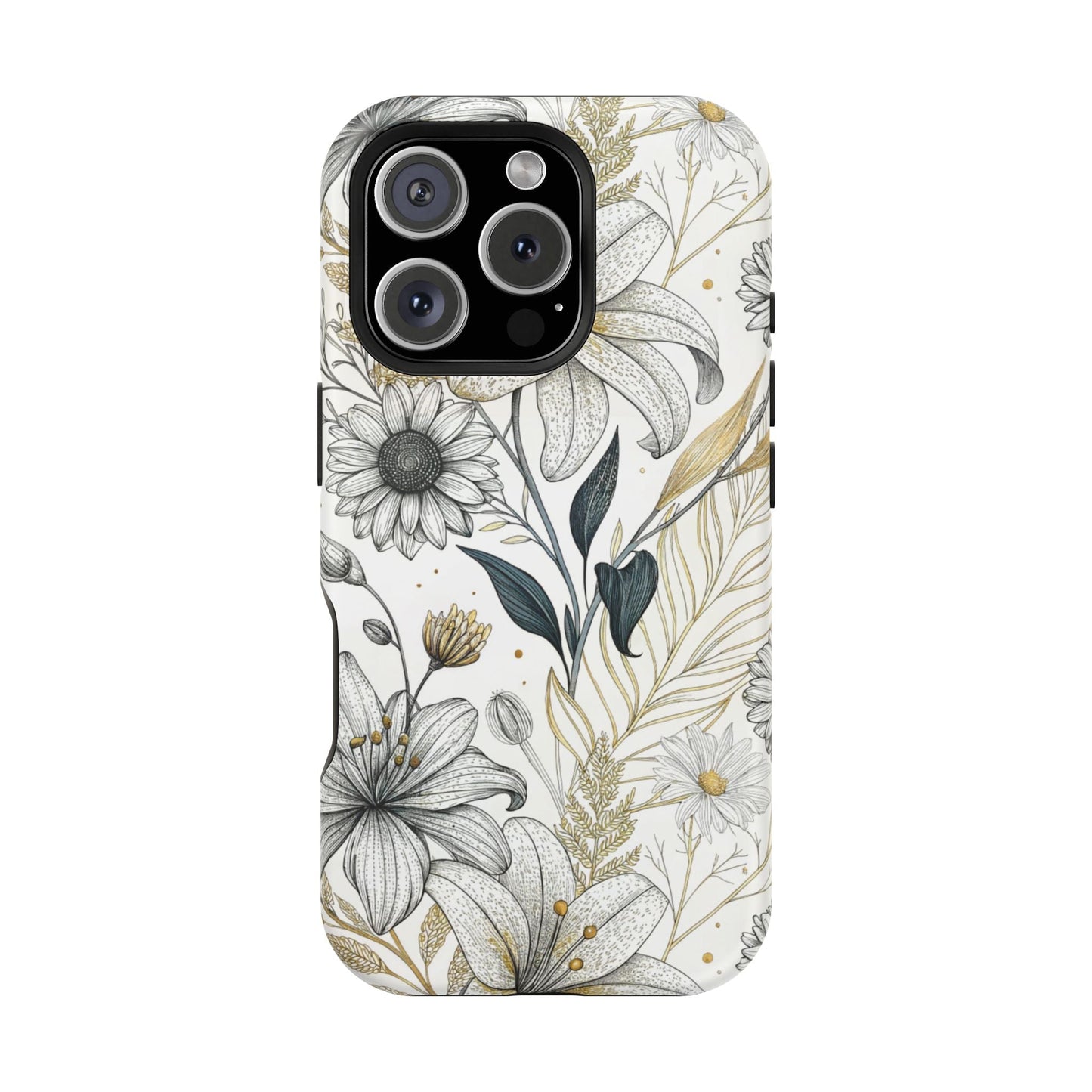 Golden Leaf Flower modern minimalist tough iPhone case with protective dual-layer design and MagSafe compatibility