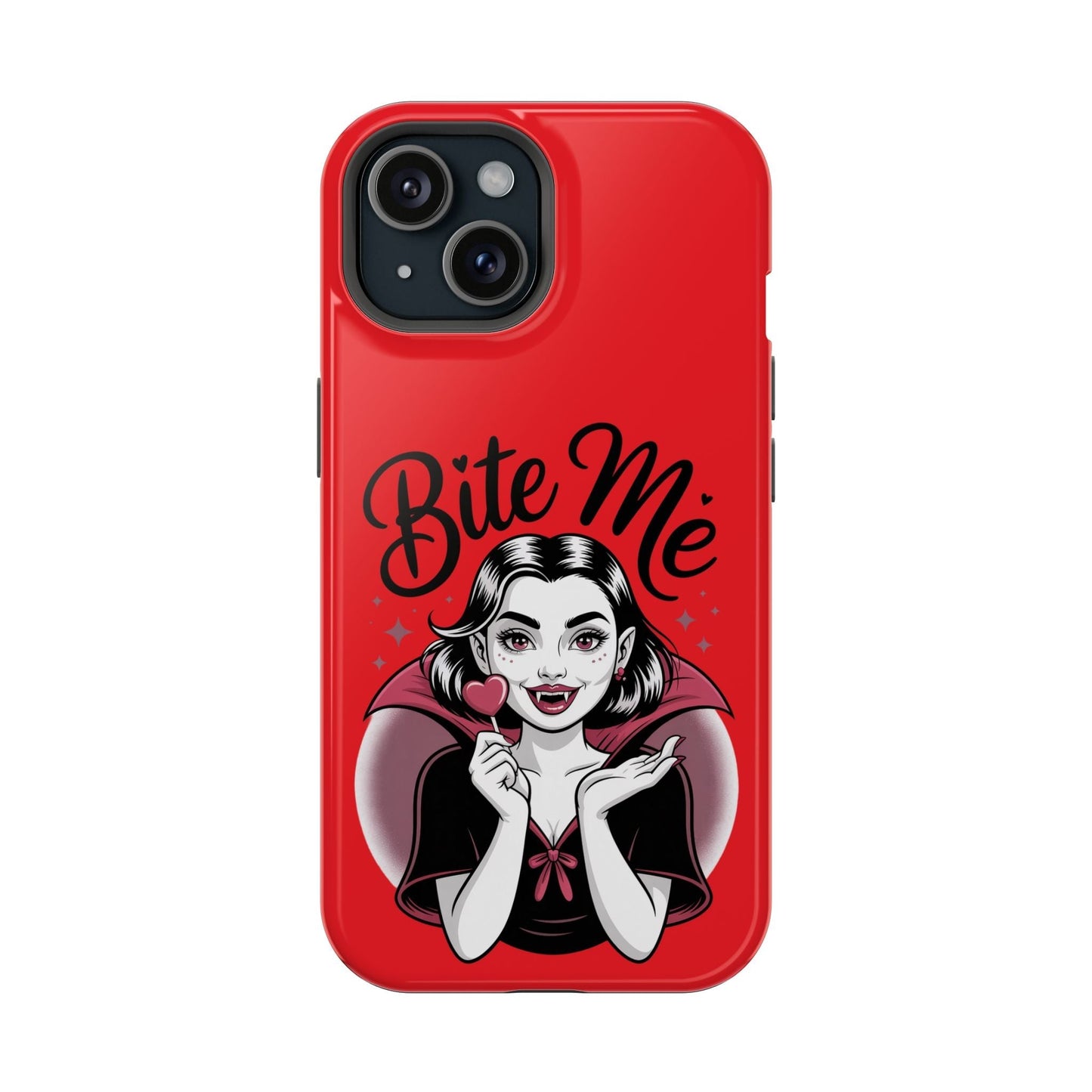 Red Halloween Vampire iPhone case with "Bite Me" text and vampire girl holding a heart-shaped lollipop design