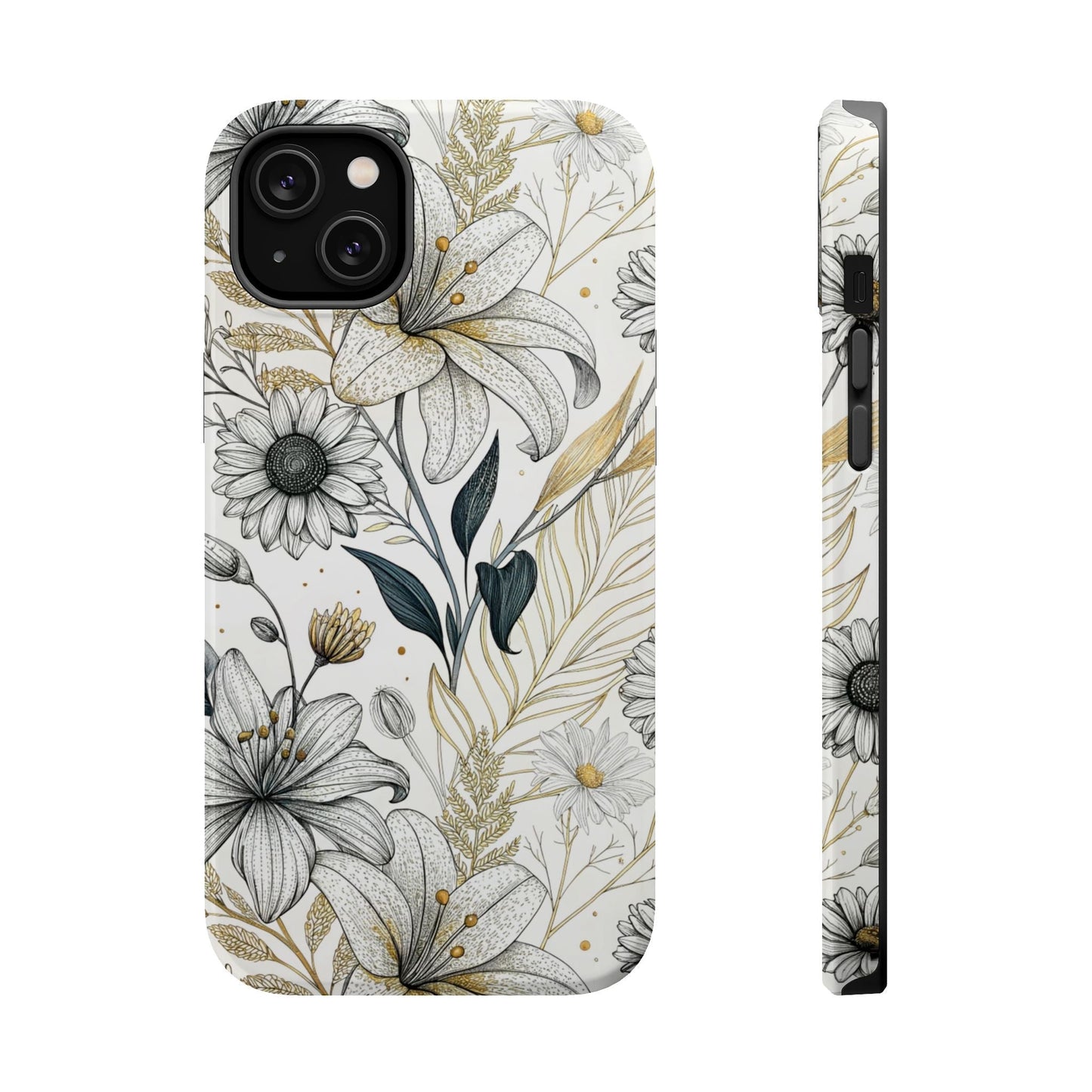 Golden Leaf Flower modern minimalist tough iPhone case with durable dual-layer protection and MagSafe compatibility