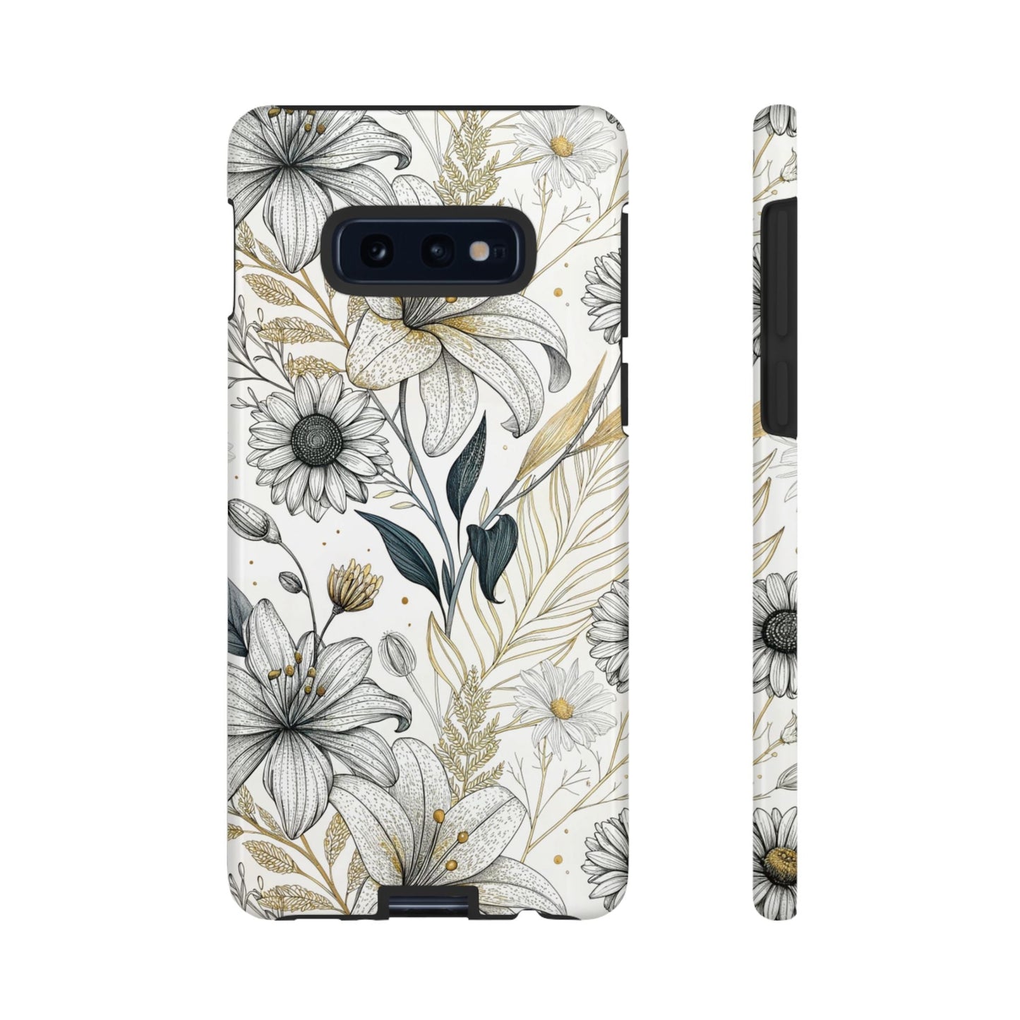 Minimalist Samsung tough case with golden leaf and floral design for premium protection and style