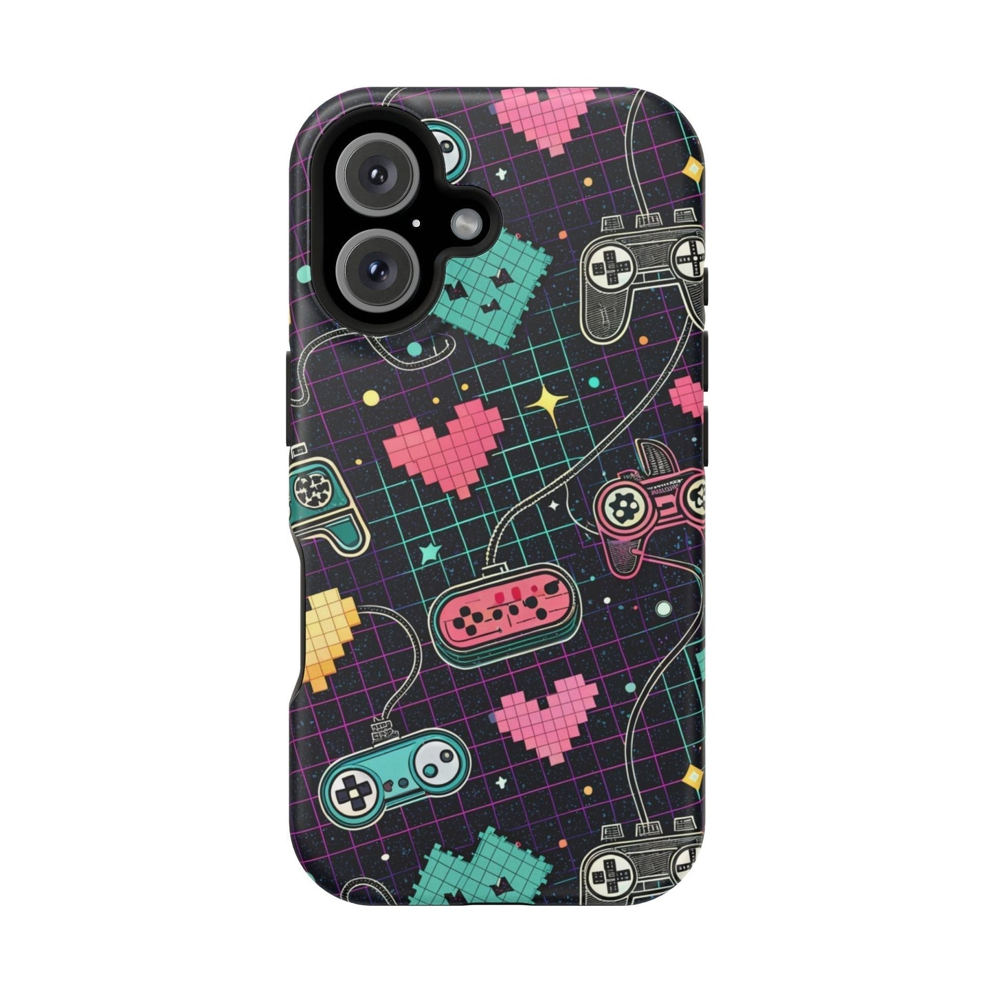 Retro Gamer Inspire magnetic tough iPhone case with colorful pixel hearts and game controller design