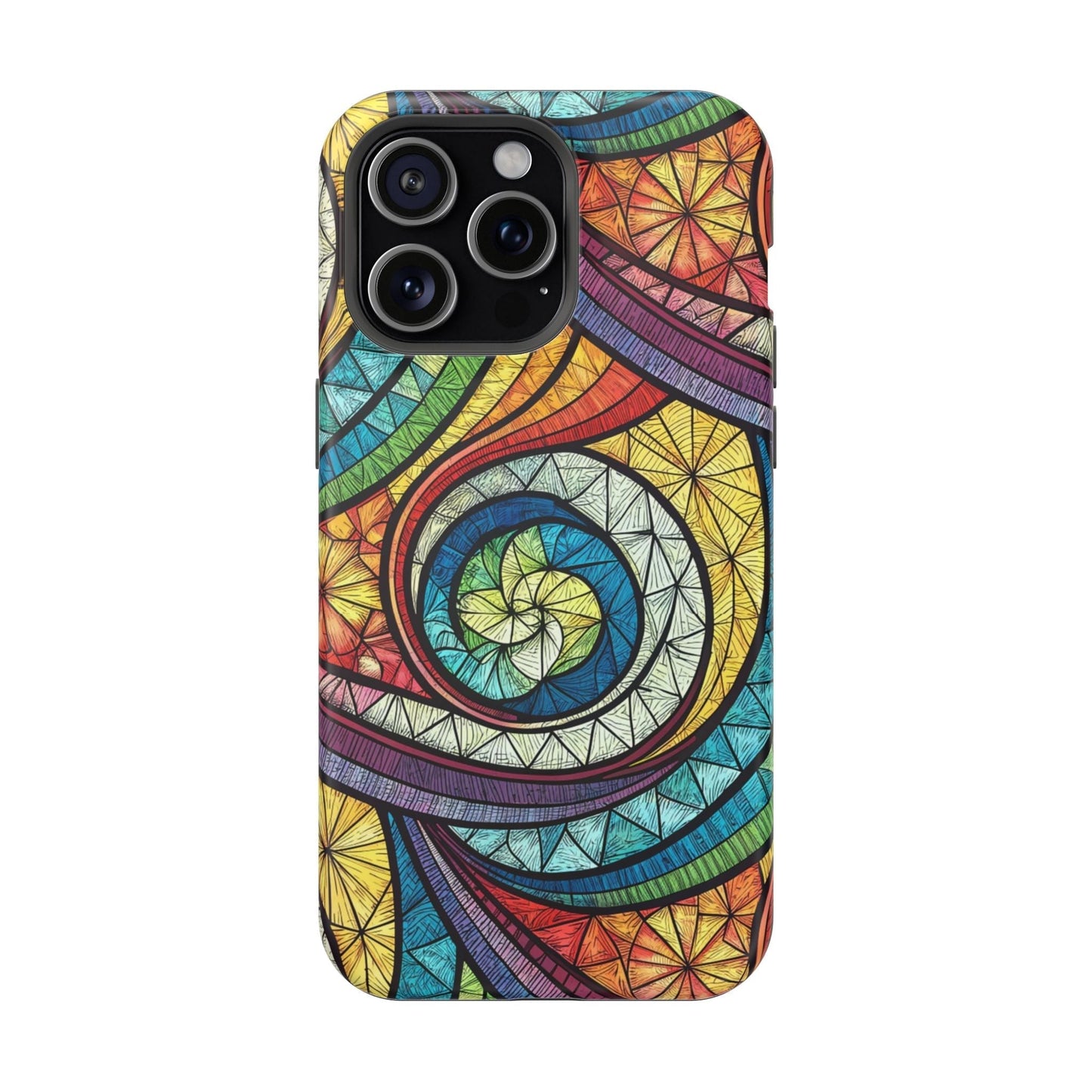 Stained glass inspired rainbow swirl design iPhone case with vibrant colors and MagSafe compatibility.