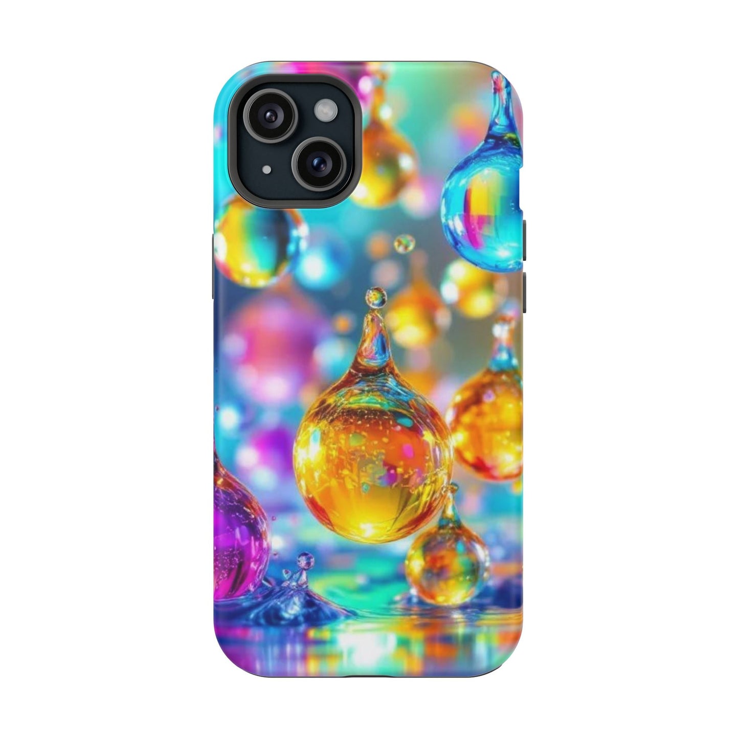 iPhone tough case with colorful golden raindrop design and MagSafe compatibility